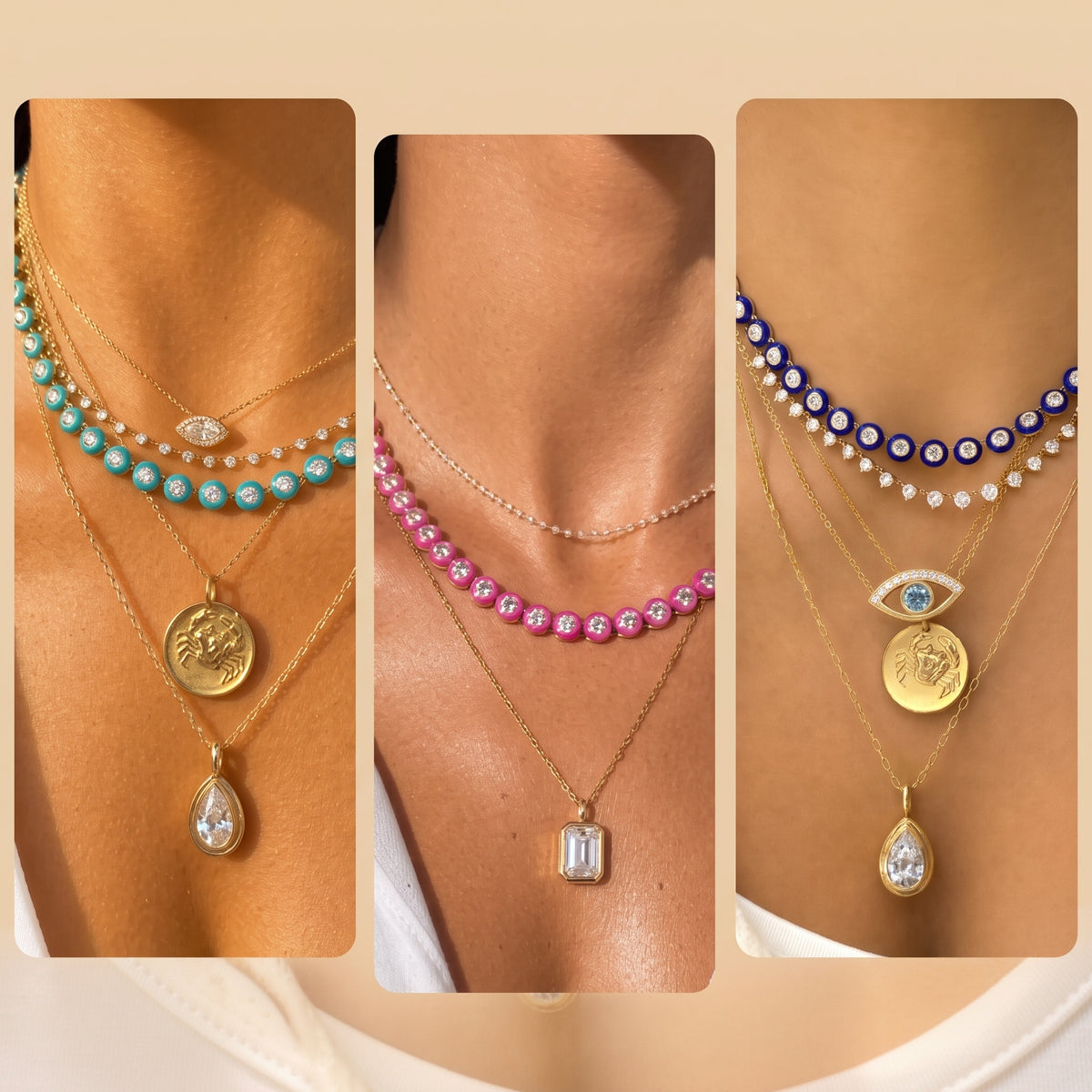 11.00 CTW lab-grown diamond station necklace by Lumeniri in 14K yellow gold with a colorful enamel design.