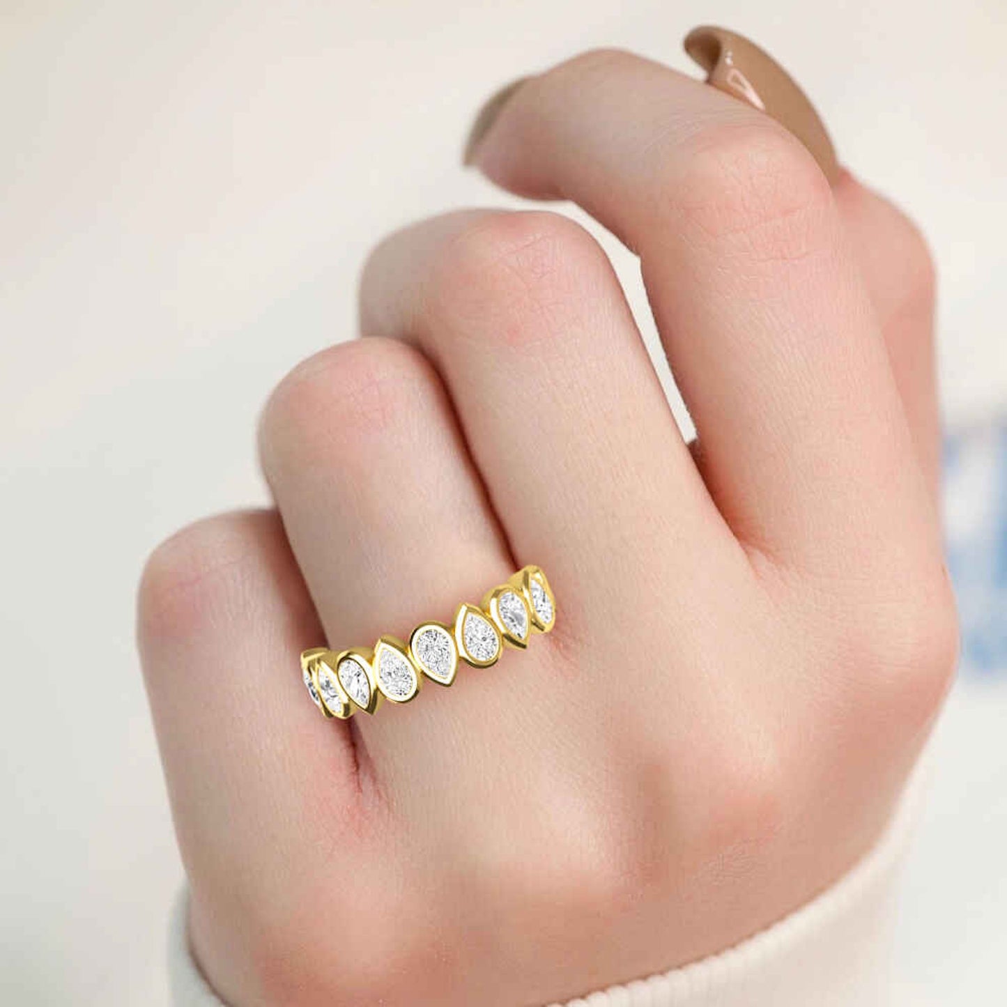 14K yellow gold eternity ring with alternating pear lab-grown diamonds, Nova design by Lumeniri