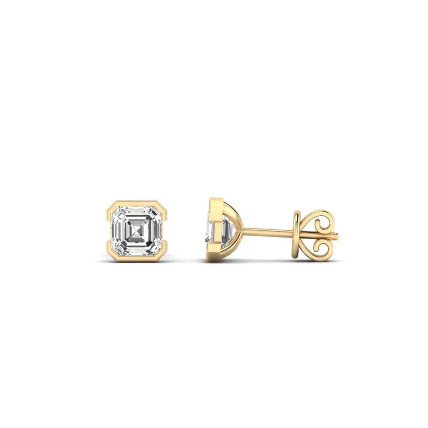 Asscher diamond stud earrings 2.00ct lab grown 14K gold elegant white background fine jewelry shot