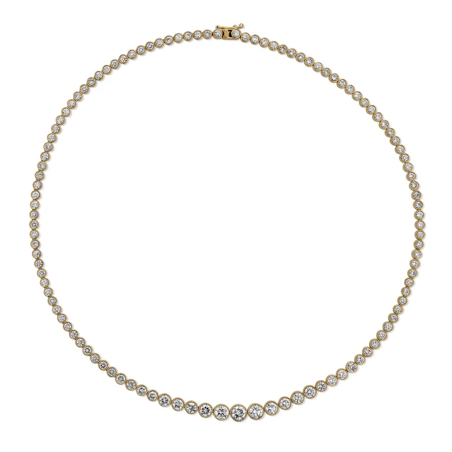 Bezel Set Riviera 12.00 ctw of premium lab-grown round diamonds in 14K solid yellow gold