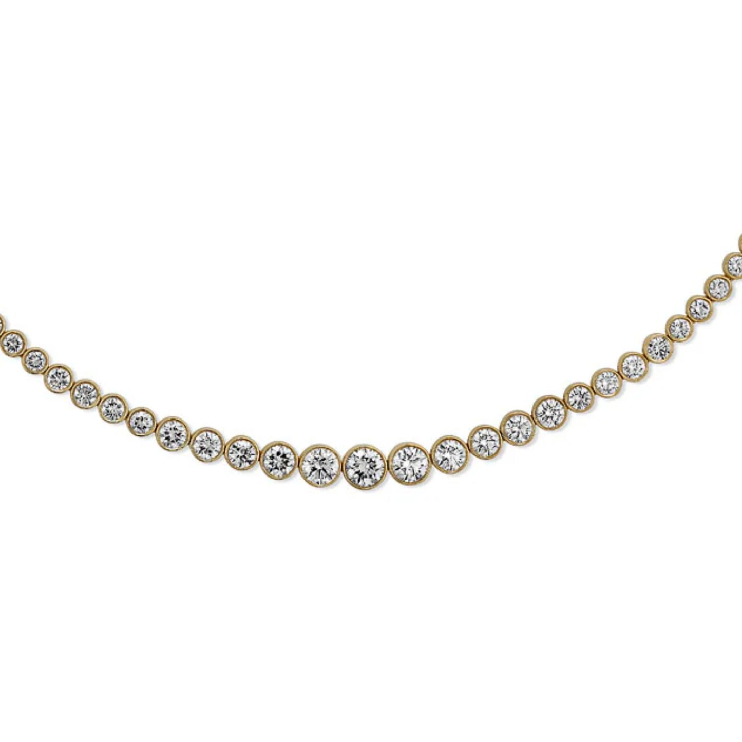 Bezel Set Riviera 12.00 ctw of premium lab-grown round diamonds in 14K solid yellow gold by Lumeniri