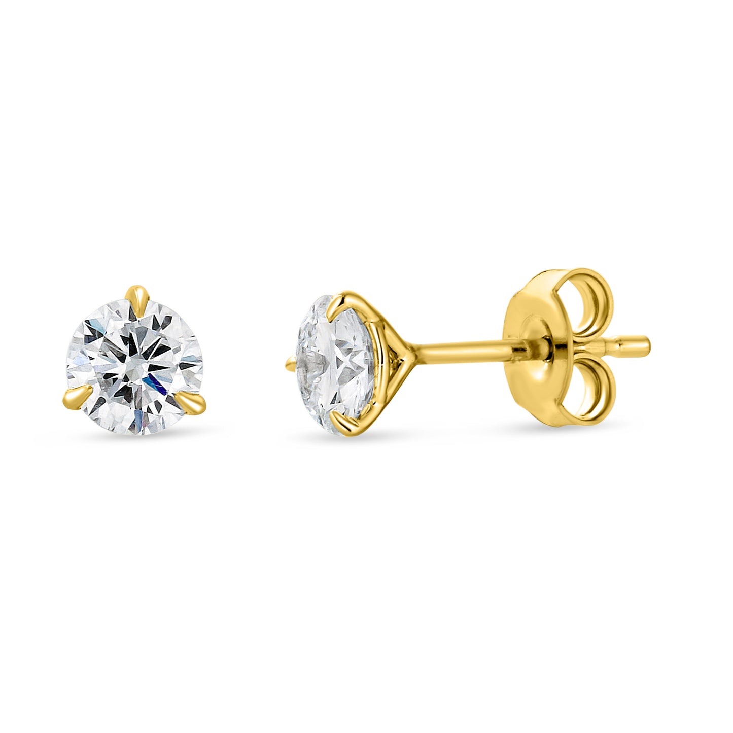 Classic round lab created diamond studs martini setting 1ctw 14K yellow gold minimalist white background shot