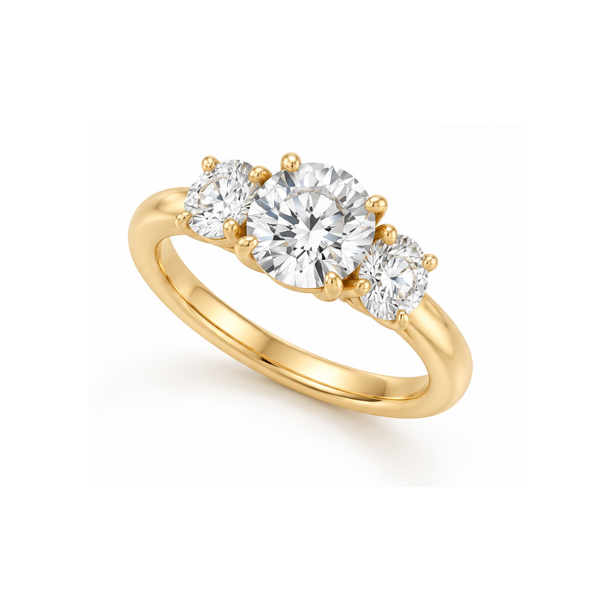 Close-up of a three-stone engagement ring with E–F color, VS clarity lab-grown diamonds and an elegant cathedral setting.