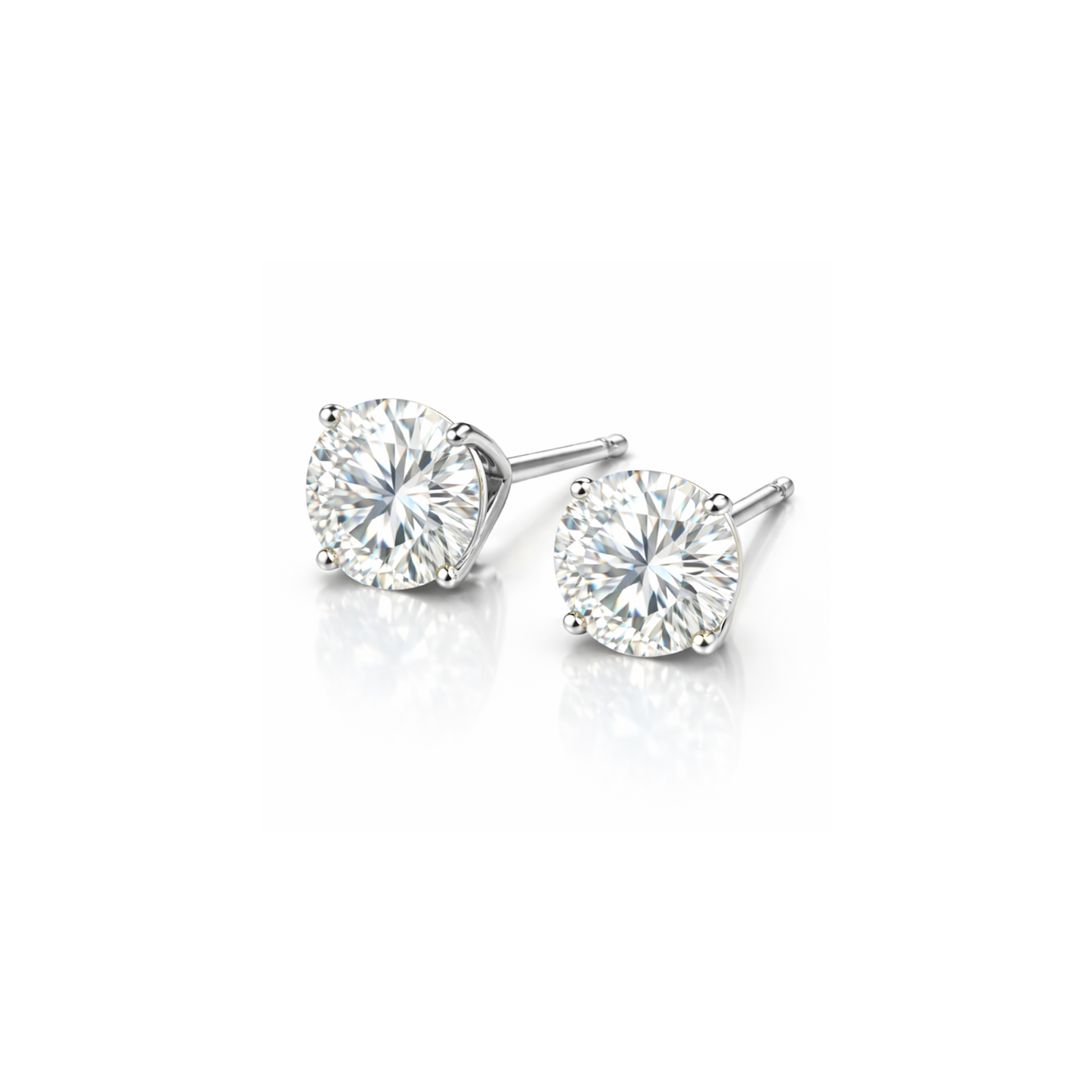 Close-up product shot of 2ctw martini diamond stud earrings 4 prong lab grown diamonds in 14K white gold on white background