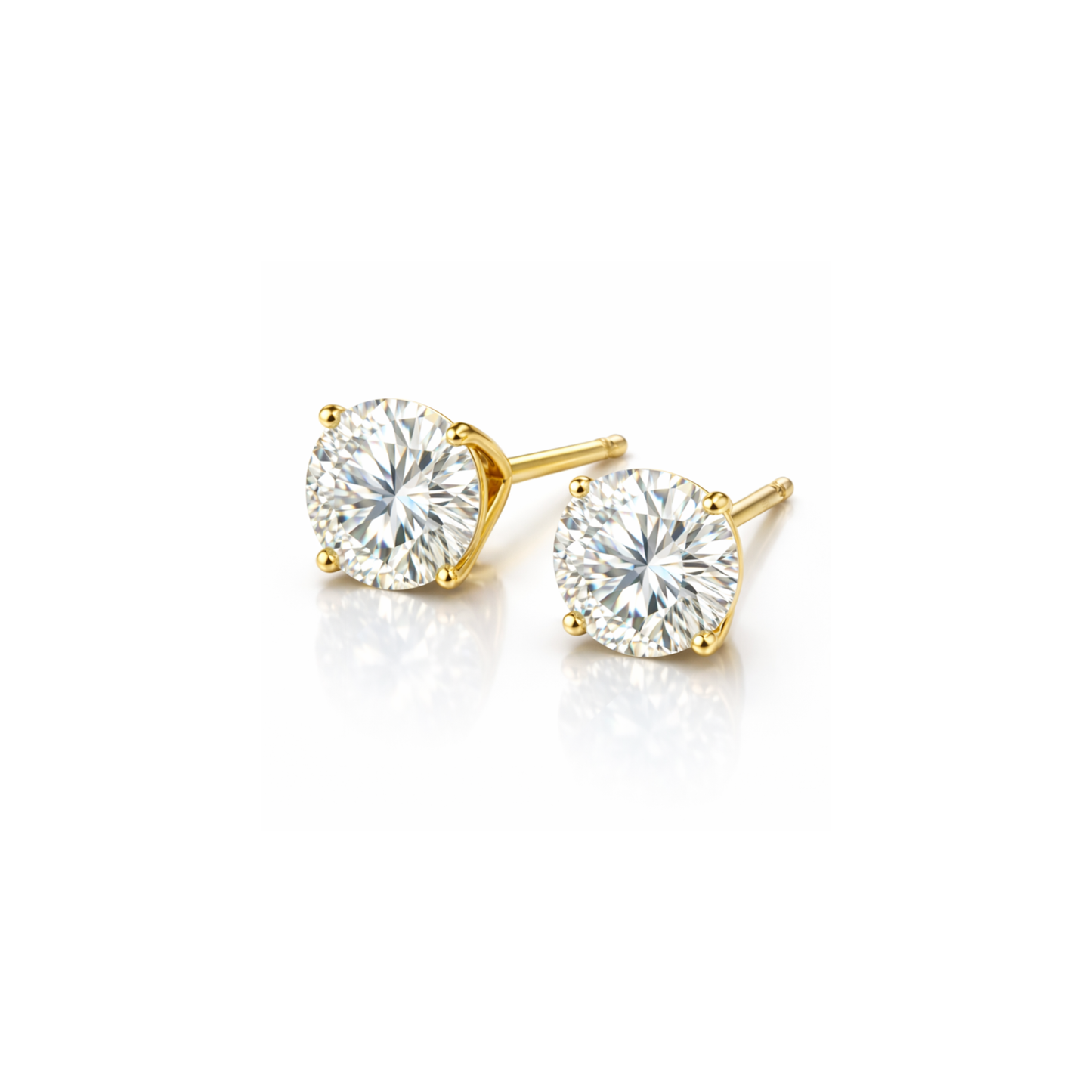 Close-up product shot of 2ctw martini diamond stud earrings 4 prong lab grown diamonds in 14K yellow gold on white background