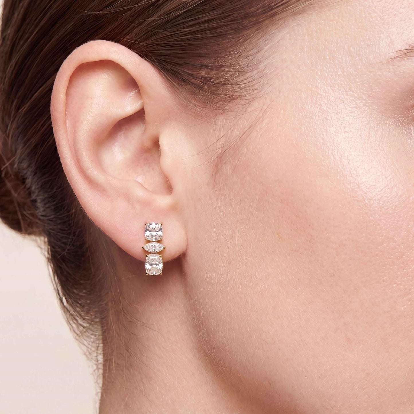 Elegant Catalina earrings by Lumeniri featuring cushion and marquise cut lab grown diamonds in dangling silhouette