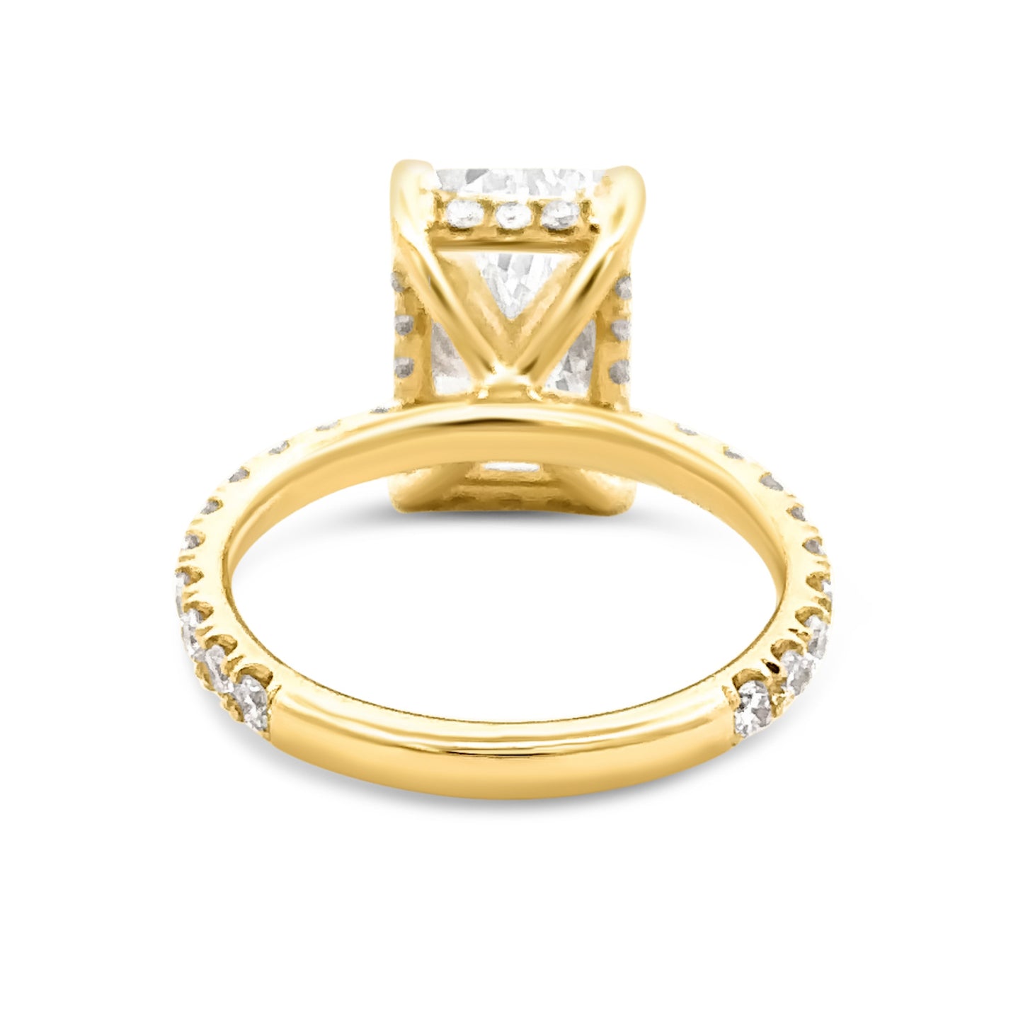 Elegant Lumeniri Amalia Radiant engagement ring showcasing 4.33 CTW total diamonds with hidden halo and ¾ pavé coverage.