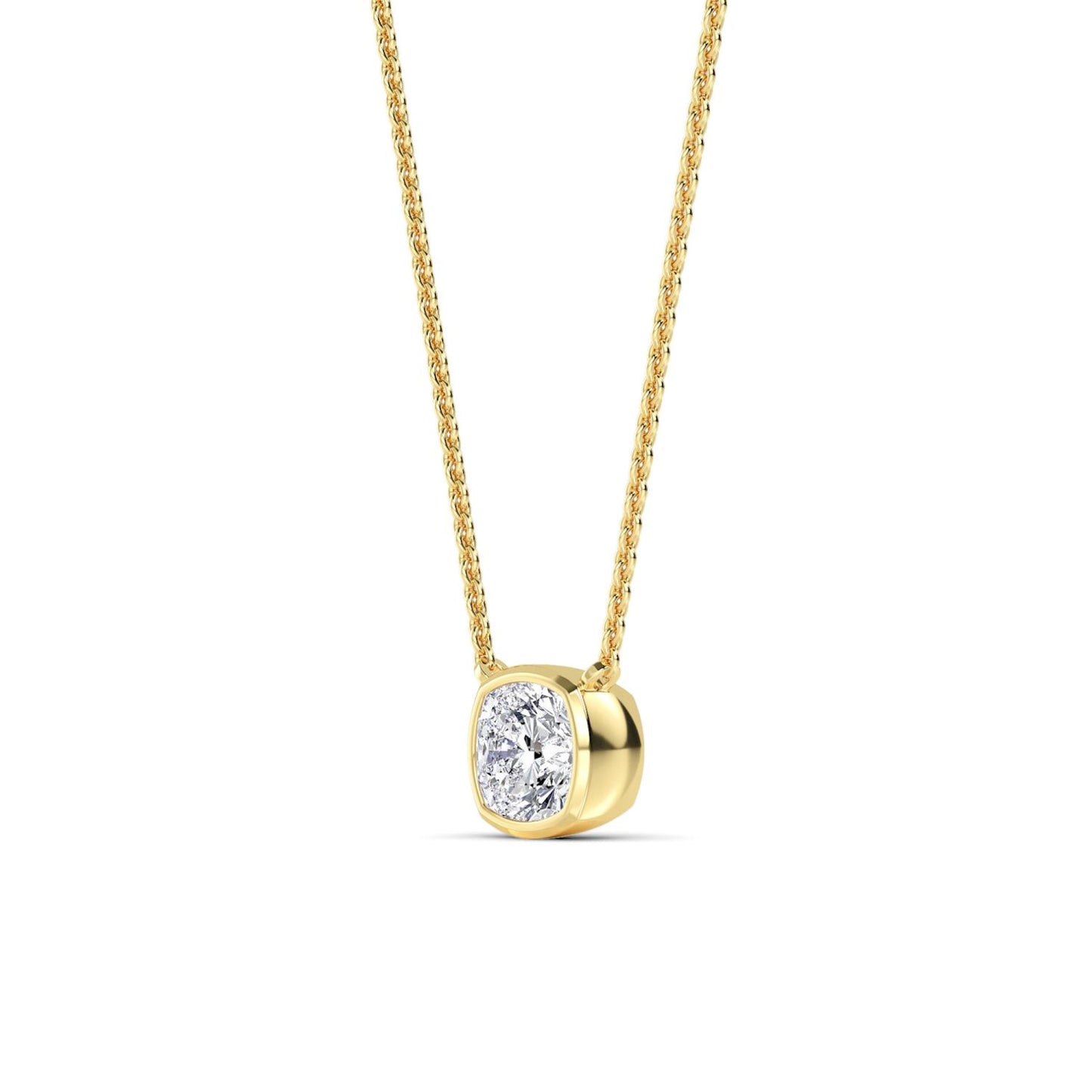 Elegant Luna pendant by Lumeniri featuring cushion cut lab grown diamond in minimal 14K yellow gold setting