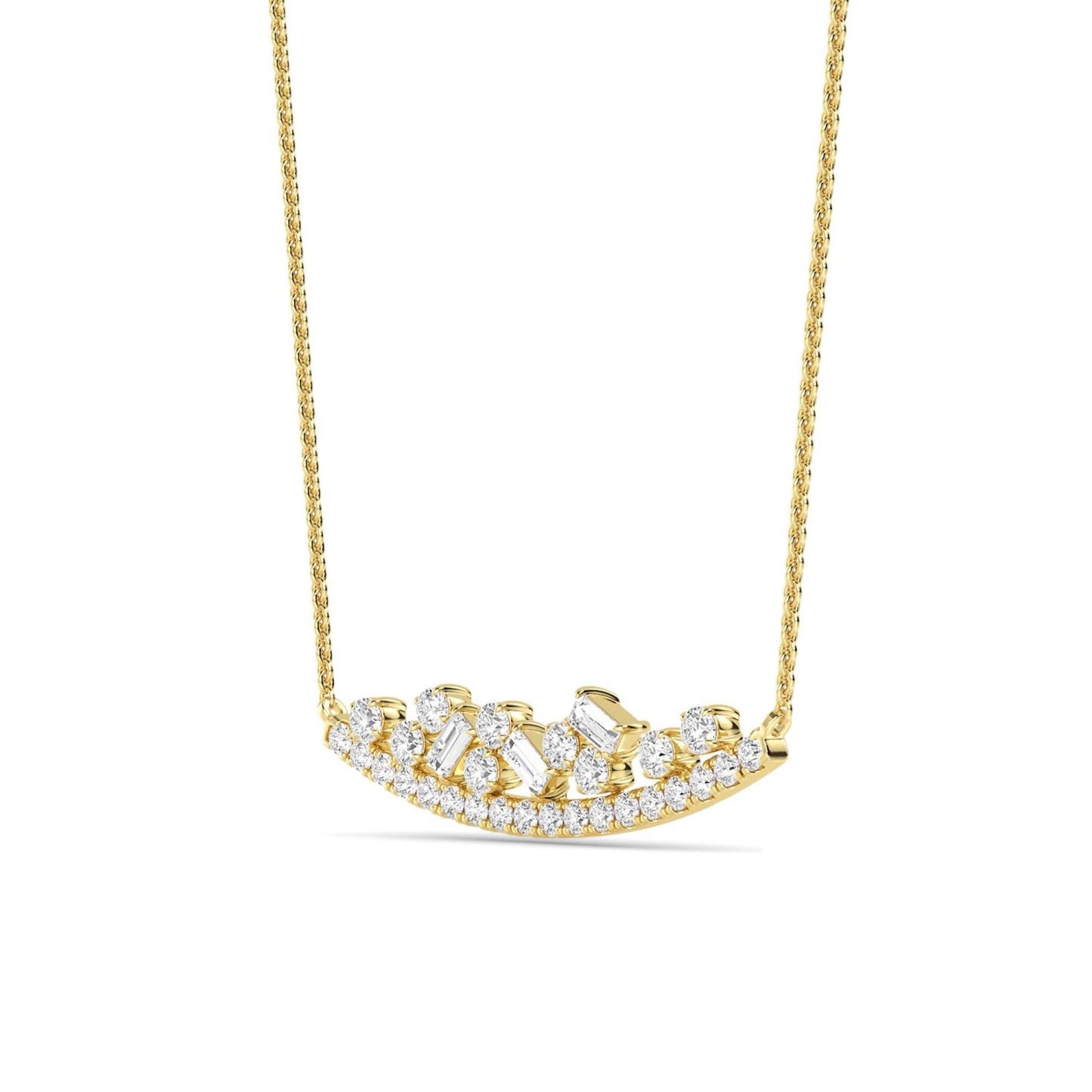Elegant Serena pendant by Lumeniri featuring curved pavé bar design with mixed shape lab grown diamonds in yellow gold