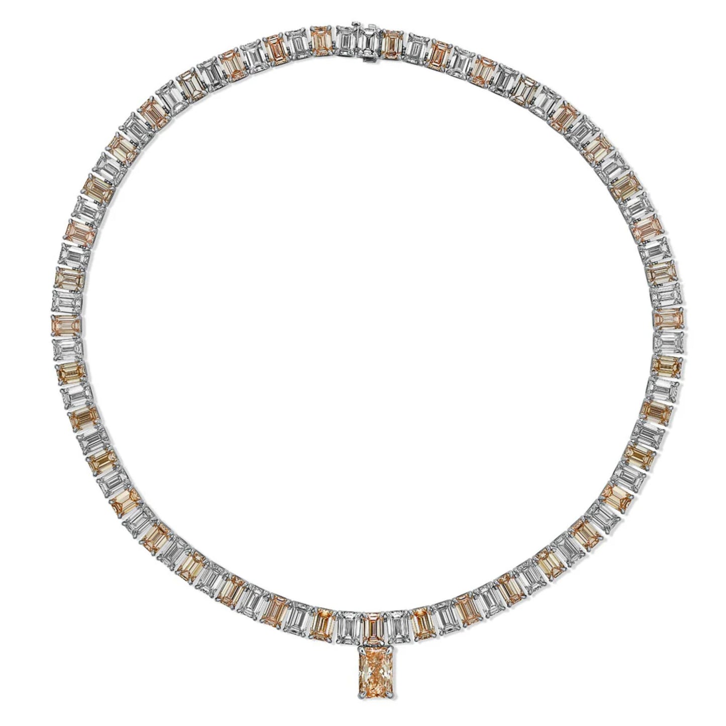 Emerald Cut Alternating Pink and White Tennis Necklace in 14K solid yellow gold by Lumeniri