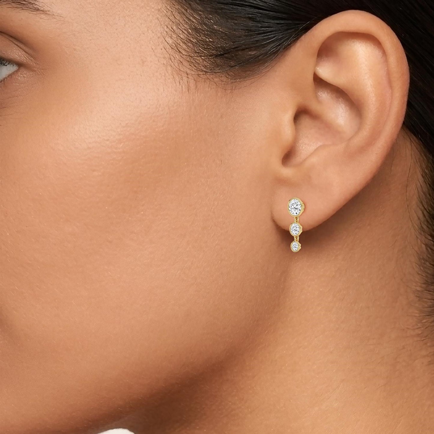 Eva three stone dangle earrings by Lumeniri with 1.55 ctw lab grown diamonds in modern elegant silhouette