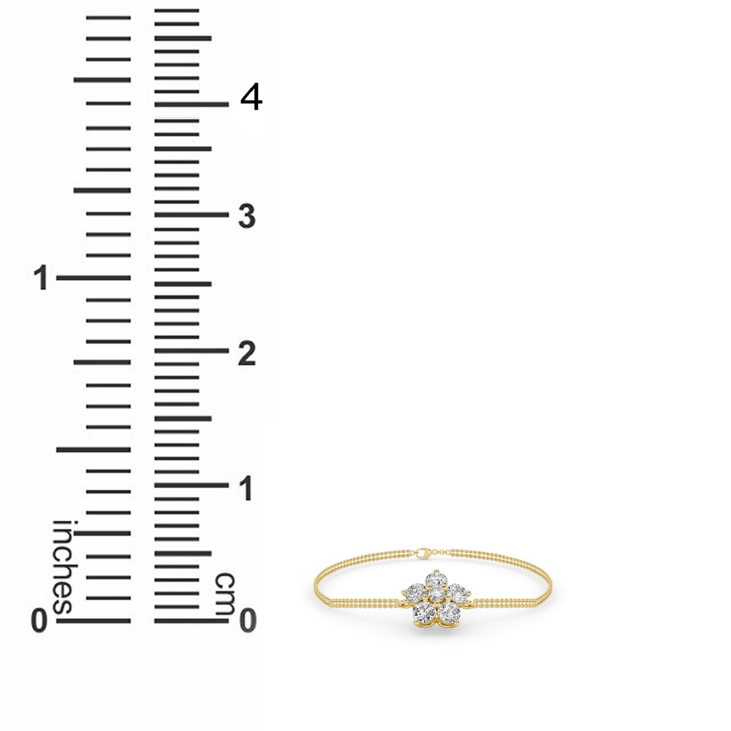Flower Chain Bracelet Double beside a ruler to show overall length and proportion of the double chain and floral diamonds in 14k yellow gold