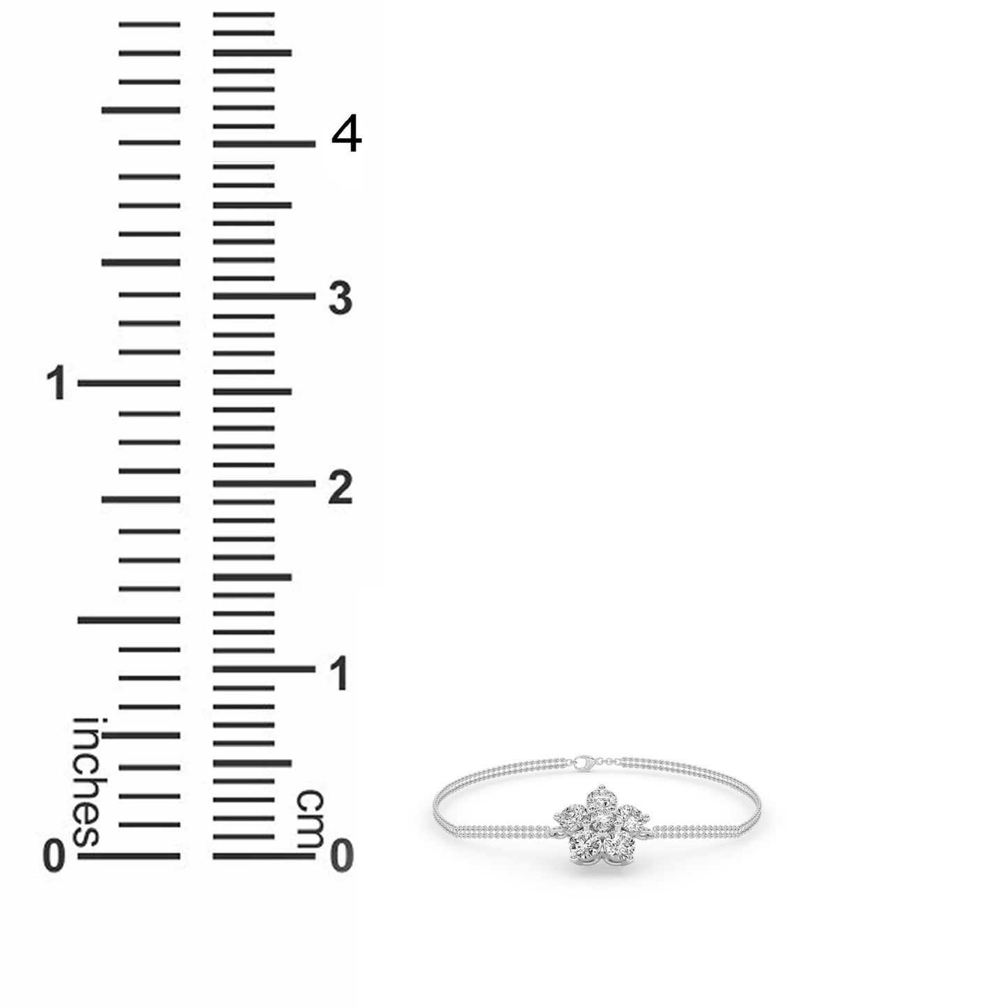 Flower motif on the bracelet being measured by calipers, displaying size of lab-grown diamonds 14k white gold and setting