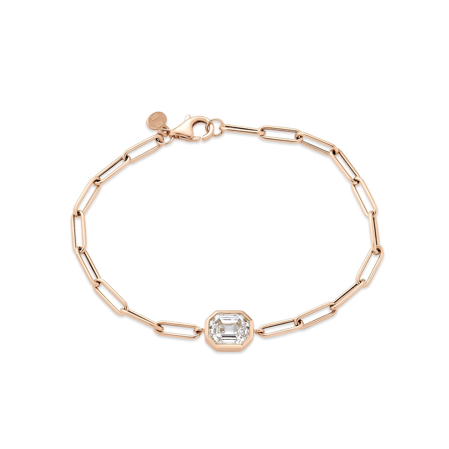Front view of the Dipti Emerald Step Cut Solitaire Paperclip Bracelet featuring a 0.5ct emerald-cut lab-grown diamond in 14K rose gold