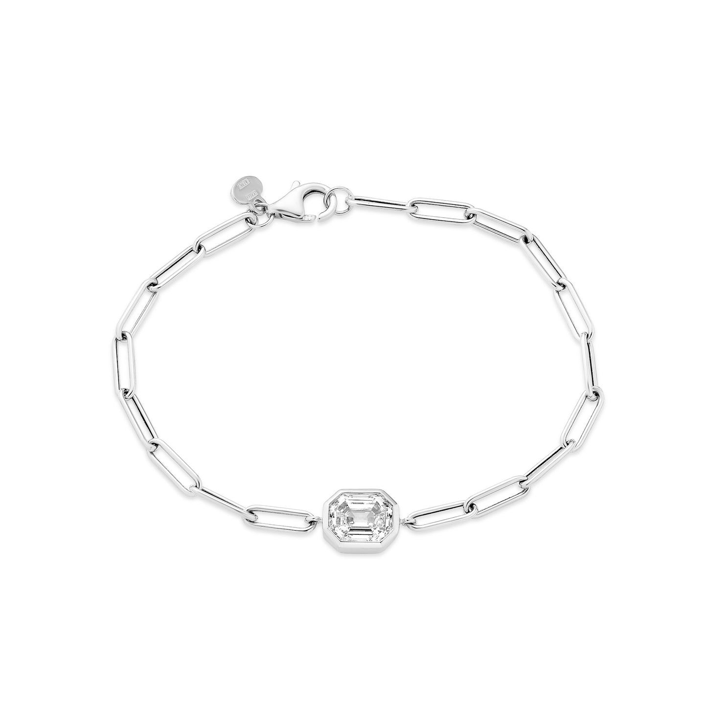 Front view of the Dipti Emerald Step Cut Solitaire Paperclip Bracelet featuring a 0.5ct emerald-cut lab-grown diamond in 14K white gold
