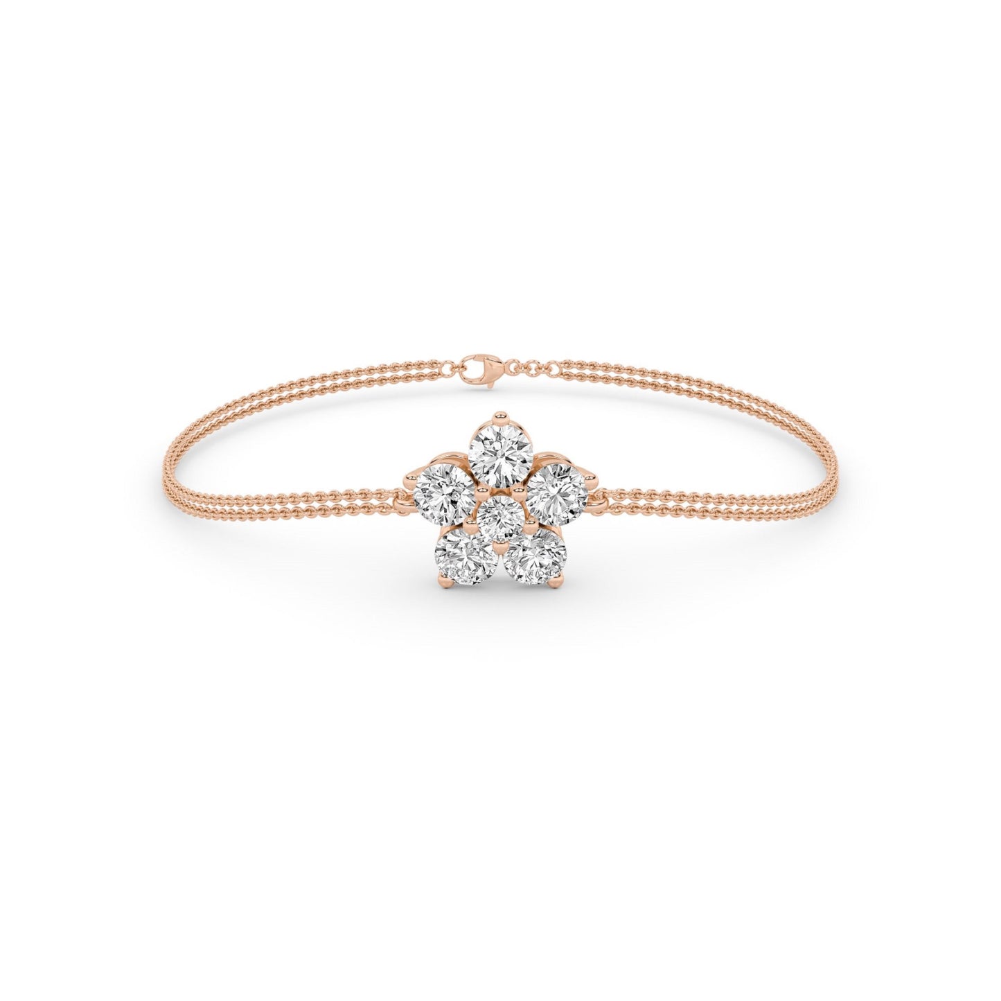 Front view of the Flower Chain Bracelet Double with lab-grown floral diamond clusters on a 14K rose gold double chain