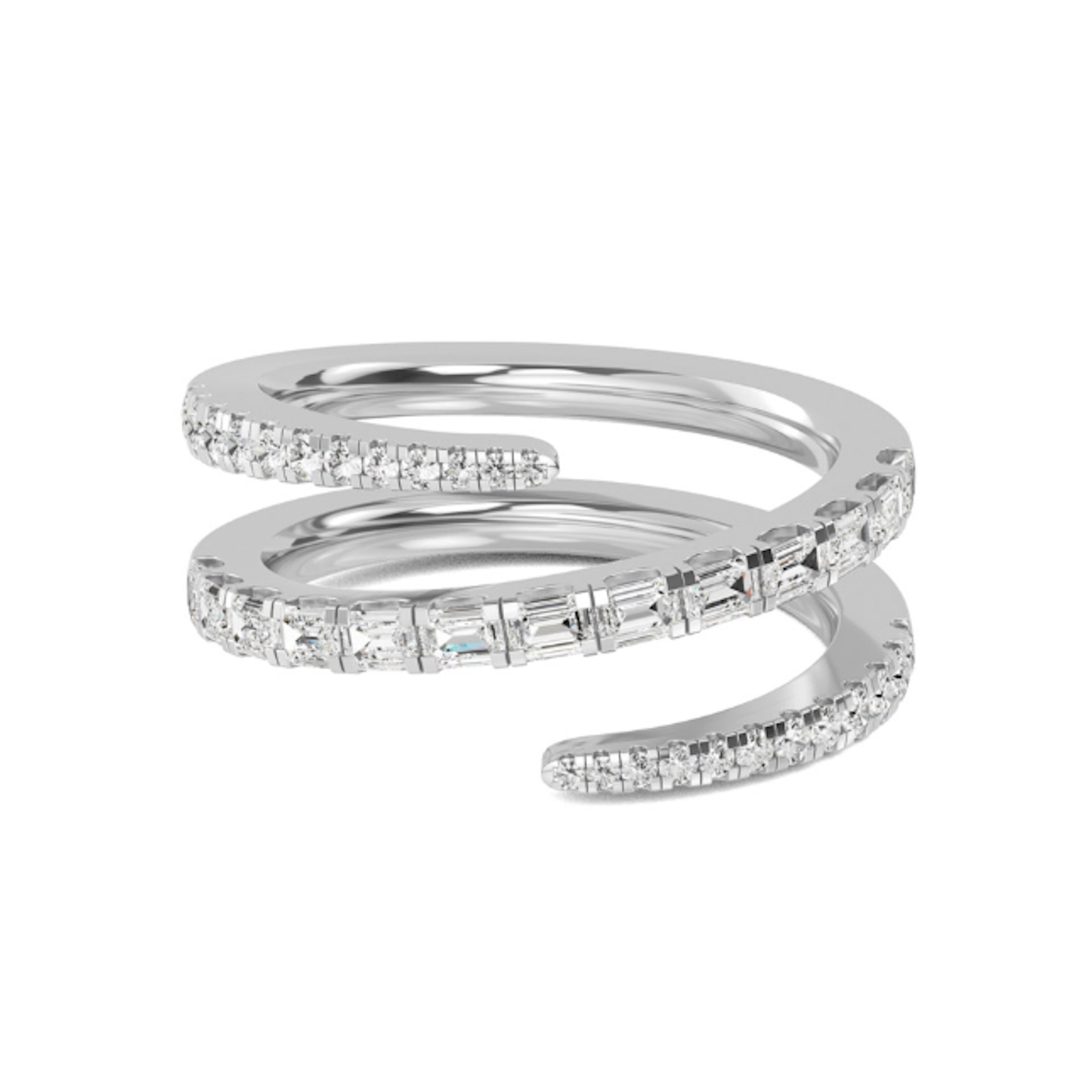 Front view of the Kenzie Coil Ring featuring 0.9ct lab-grown round and baguette diamonds in a 14K white gold spiral design
