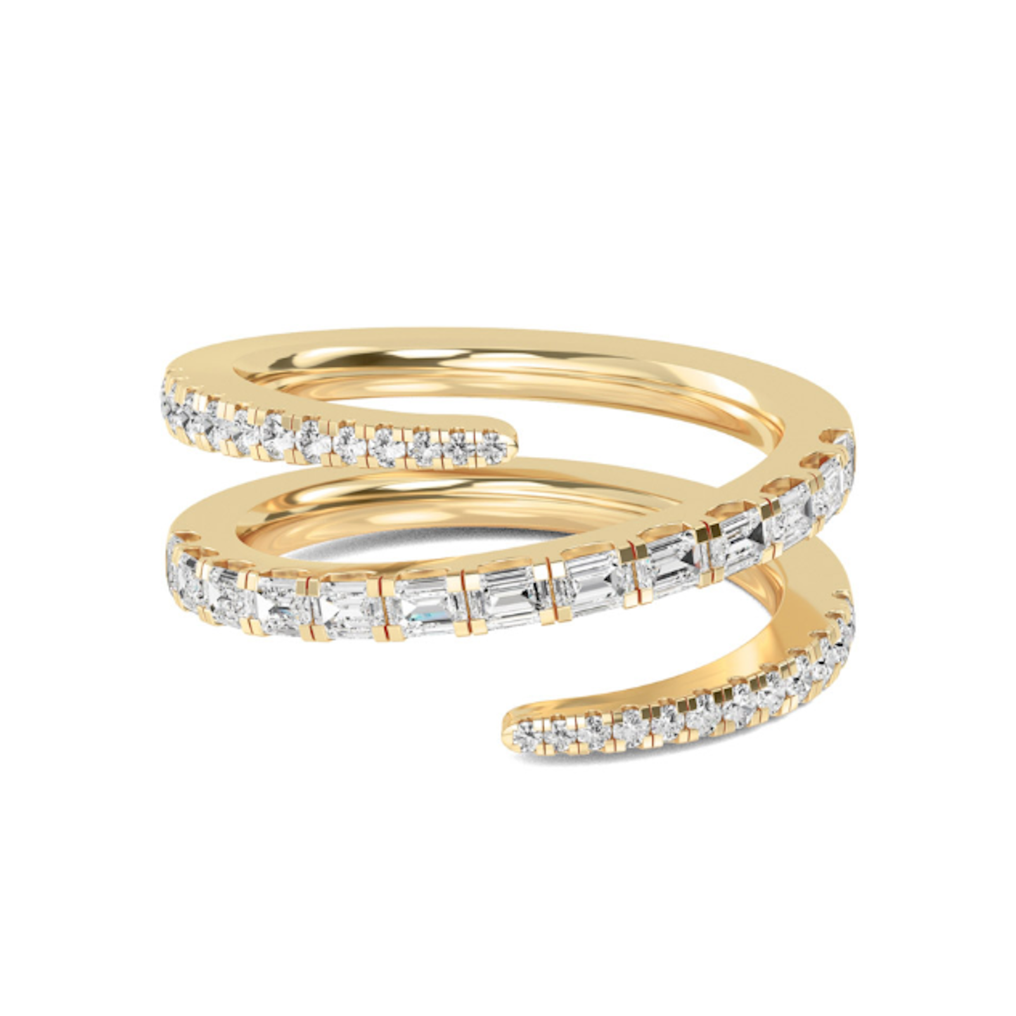 Front view of the Kenzie Coil Ring featuring 0.9ct lab-grown round and baguette diamonds in a 14K yellow gold spiral design