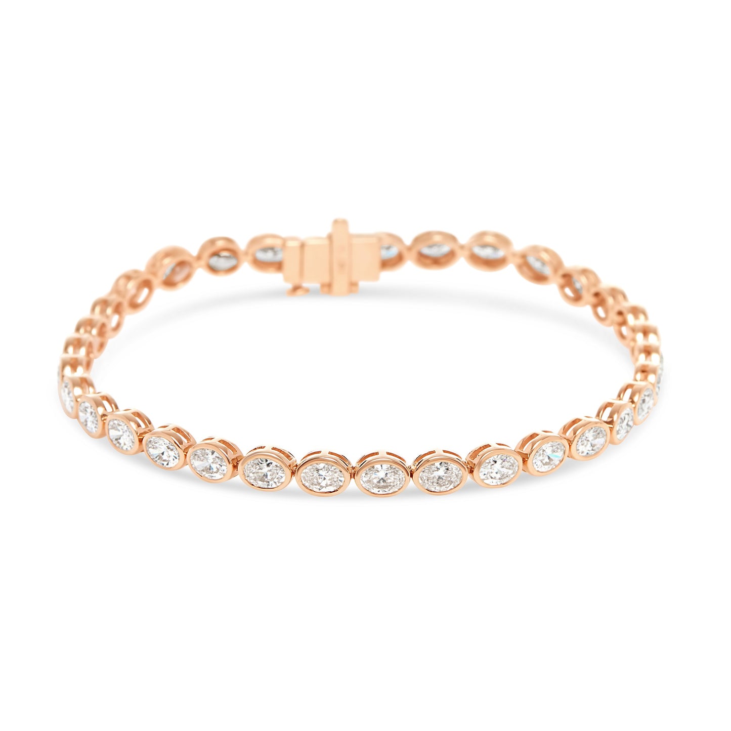 Front view of the Oval Bezel Set East West Tennis Bracelet with 5.5ct lab-grown diamonds in EF color, VS clarity, set in 14K rose gold