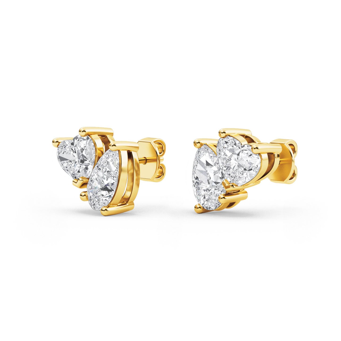 Lumeniri Amorette stud earrings combining heart and pear-shaped lab-grown diamonds in 14K yellow gold, featuring 0.88ct center stones and 1.01ct side stones for a delicate, sophisticated sparkle.