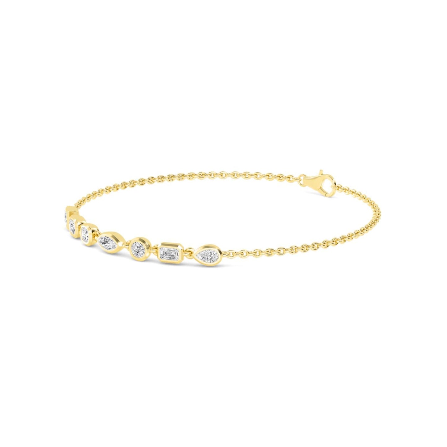 Isadora bracelet by Lumeniri featuring seven lab grown diamonds in mixed shapes, minimalist 14K yellow gold chain