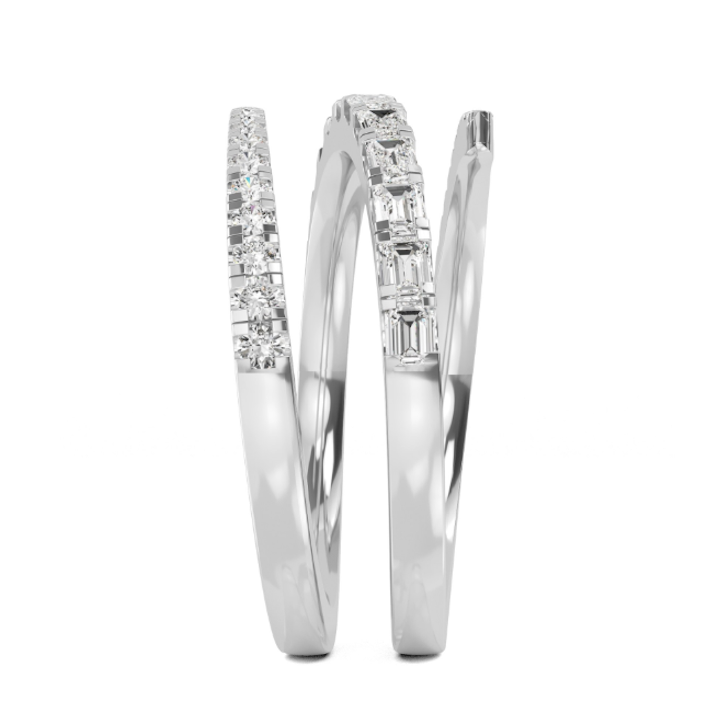 Left side angle of the Kenzie Coil Ring highlighting alternating round and baguette lab-grown diamonds in 14K white gold