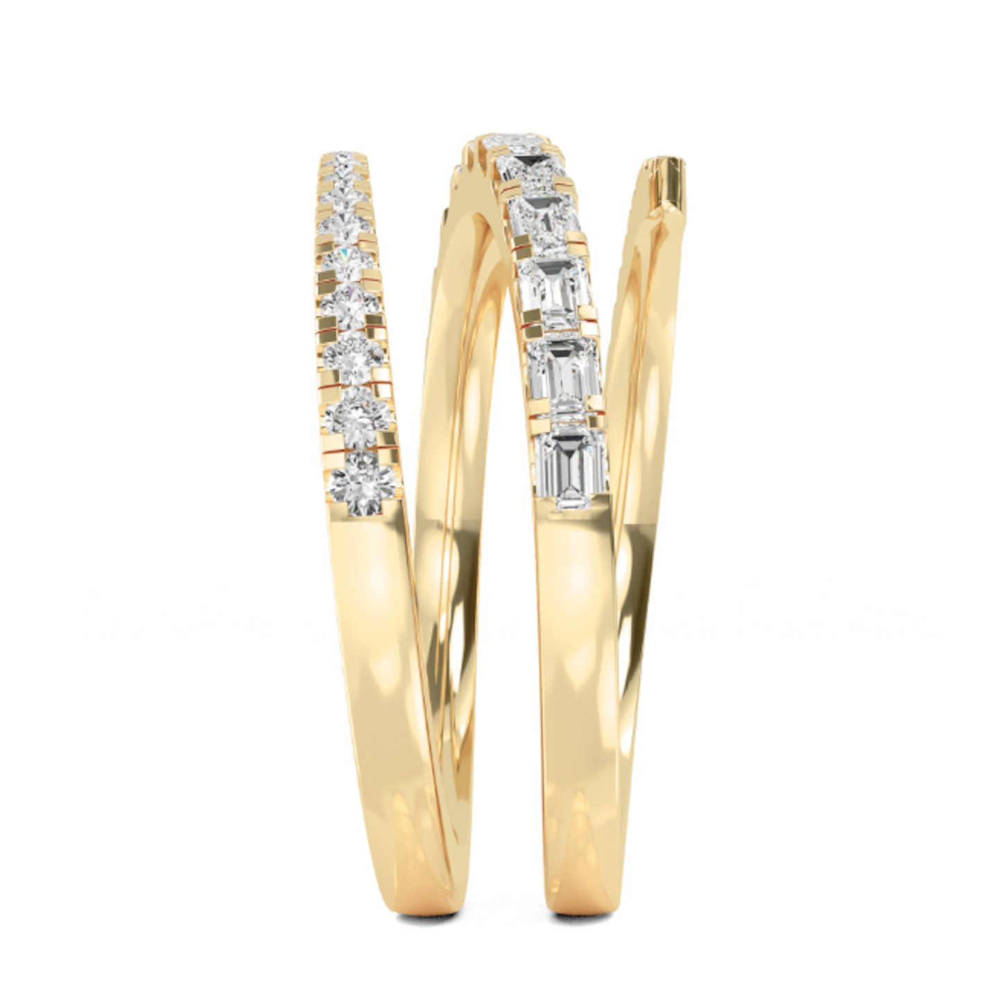 Left side angle of the Kenzie Coil Ring highlighting alternating round and baguette lab-grown diamonds in 14K yellow gold