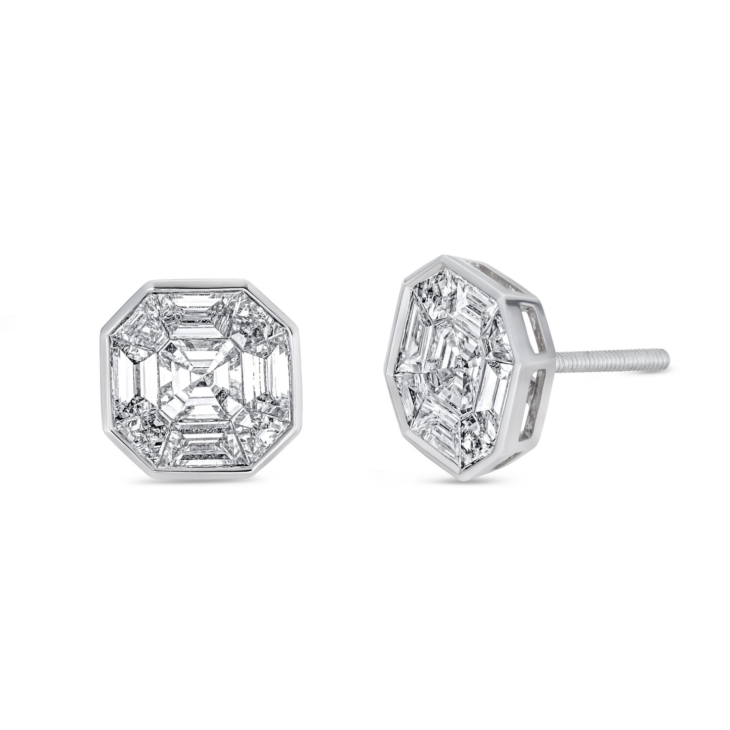 Lumeniri Alora Asscher Illusion Stud Earrings featuring 1.6 ct DEF VS lab-grown diamonds in 14K White Gold, displayed on a white background for clean, modern elegance.