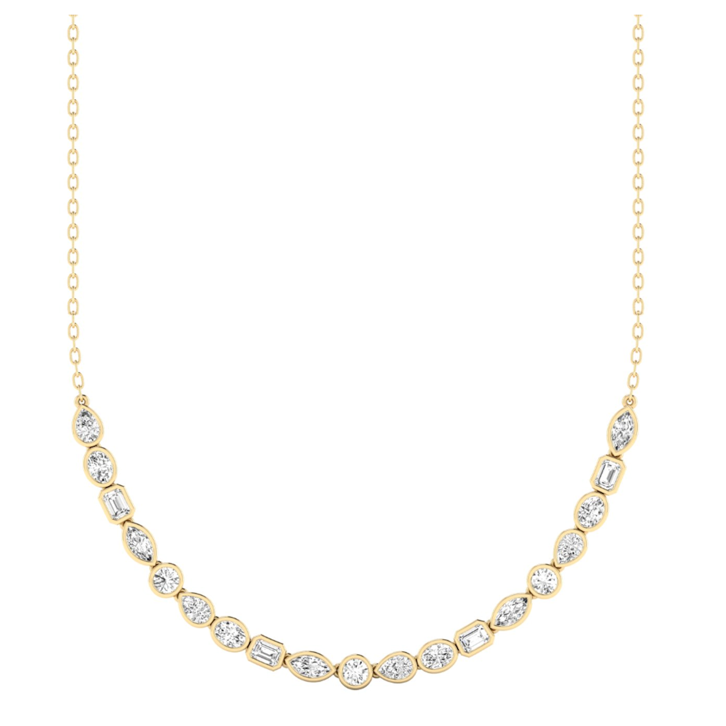 Lumeniri Aurora half tennis necklace with mixed fancy cut lab grown diamonds, EF VS clarity, sleek bezel set 14K yellow gold design on clean white background.