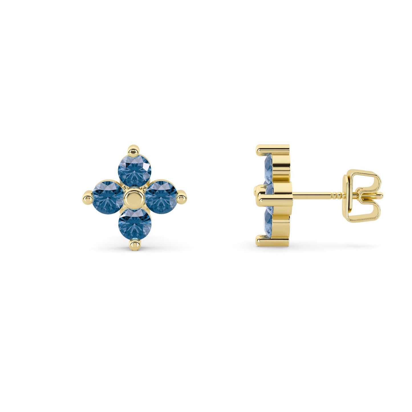 Lumeniri Blue LGD Floral Cluster Stud Earrings from The Celeste Collection, featuring 1.75cttw of prong-set blue diamonds in a 14K yellow gold setting on white background.
