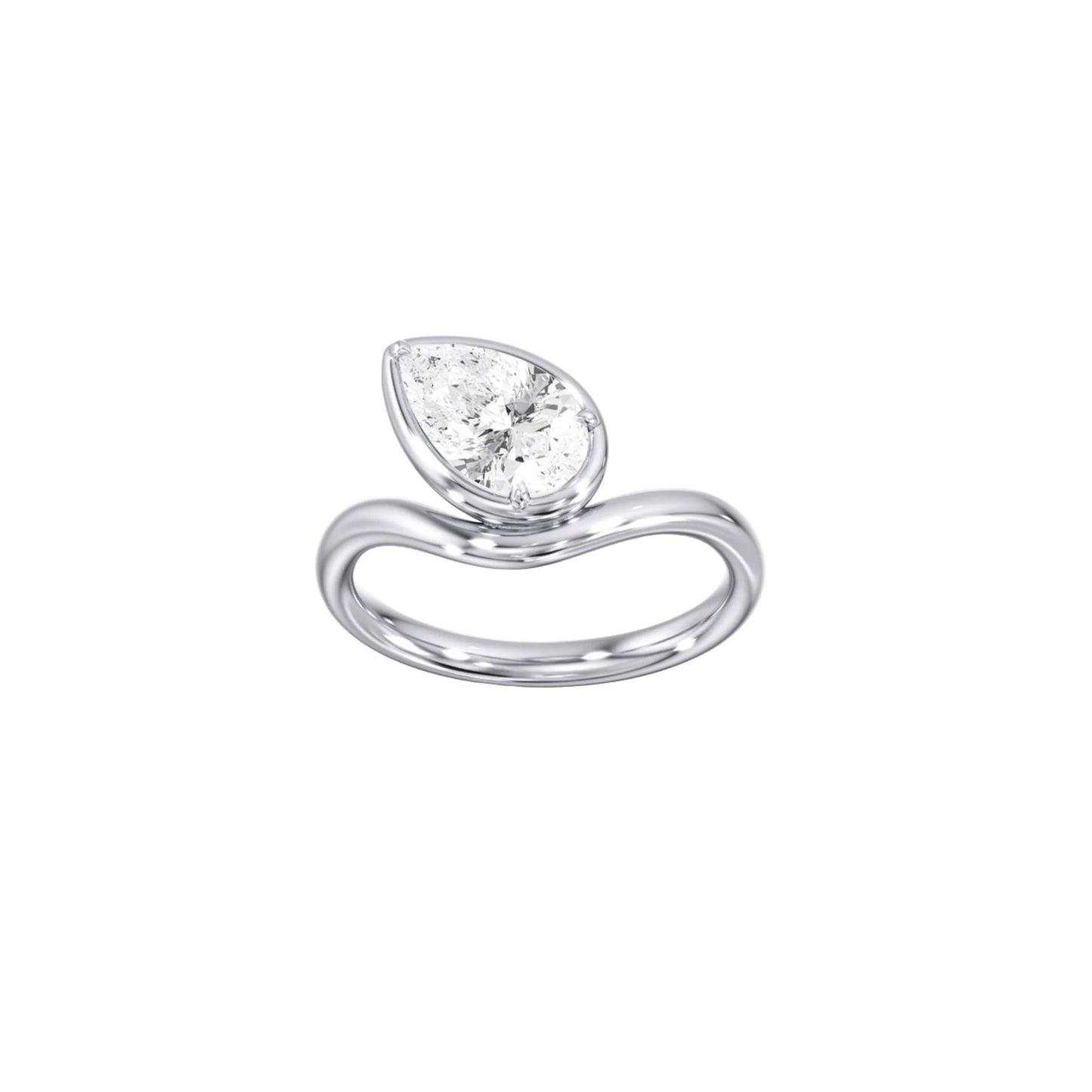 Lumeniri Calista pinky ring with 1.04 carat pear cut lab grown diamond, EF color VS clarity, set in 14K white gold modern bezel prong setting on clean white background.