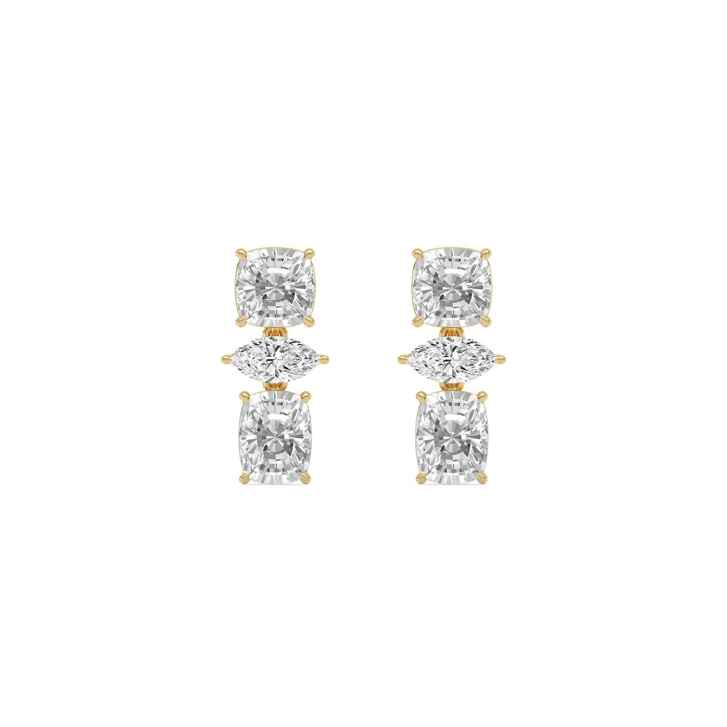 Lumeniri Catalina dangle earrings with cushion and marquise lab grown diamonds in 14K yellow gold three stone design