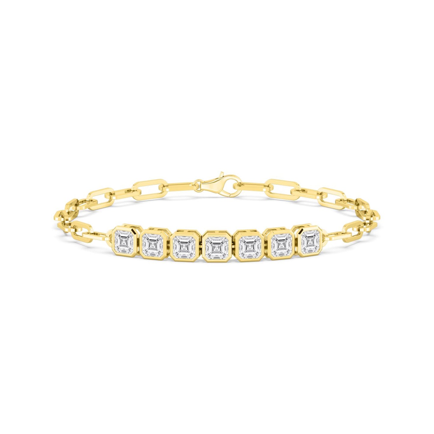 Lumeniri Celeste Asscher lab grown diamond paperclip bracelet in 14K yellow gold featuring seven bezel-set stones
