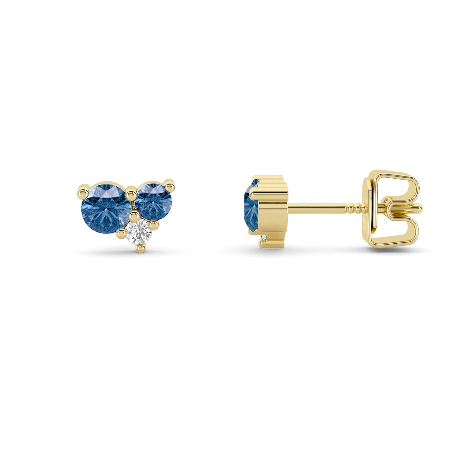 Lumeniri Celeste Collection Blue LGD Cluster Stud Earrings featuring white and blue diamonds in a three-stone design, captured on a white background to highlight their brilliant design.