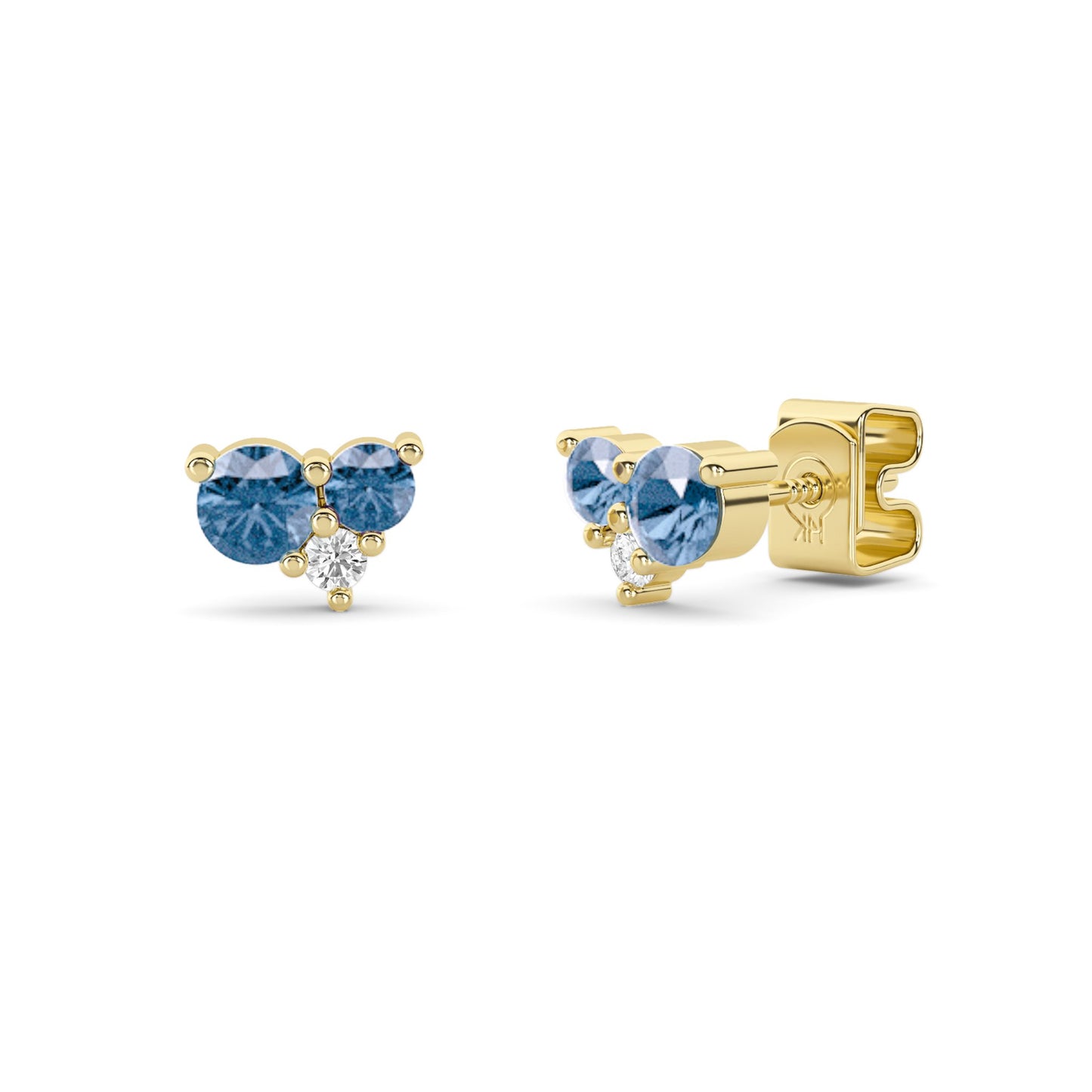 Lumeniri Celeste Collection Blue LGD Cluster Stud Earrings with 0.73ct total carat weight of blue and white lab-grown diamonds set in 14K yellow gold, showcased on a white background for clarity.