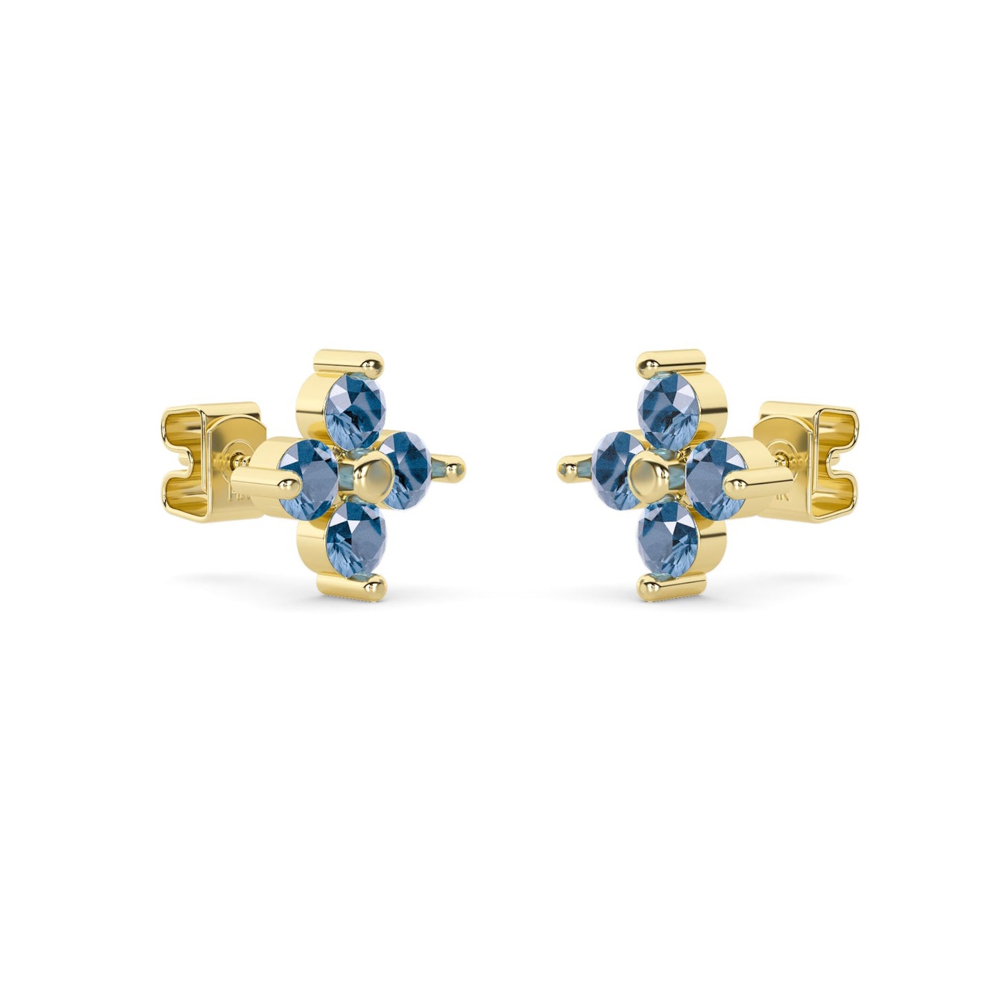 Lumeniri Celeste Collection Blue Lab-Grown Diamond Studs displayed on a white background, highlighting the 1.75cttw floral cluster design in 14K yellow gold.