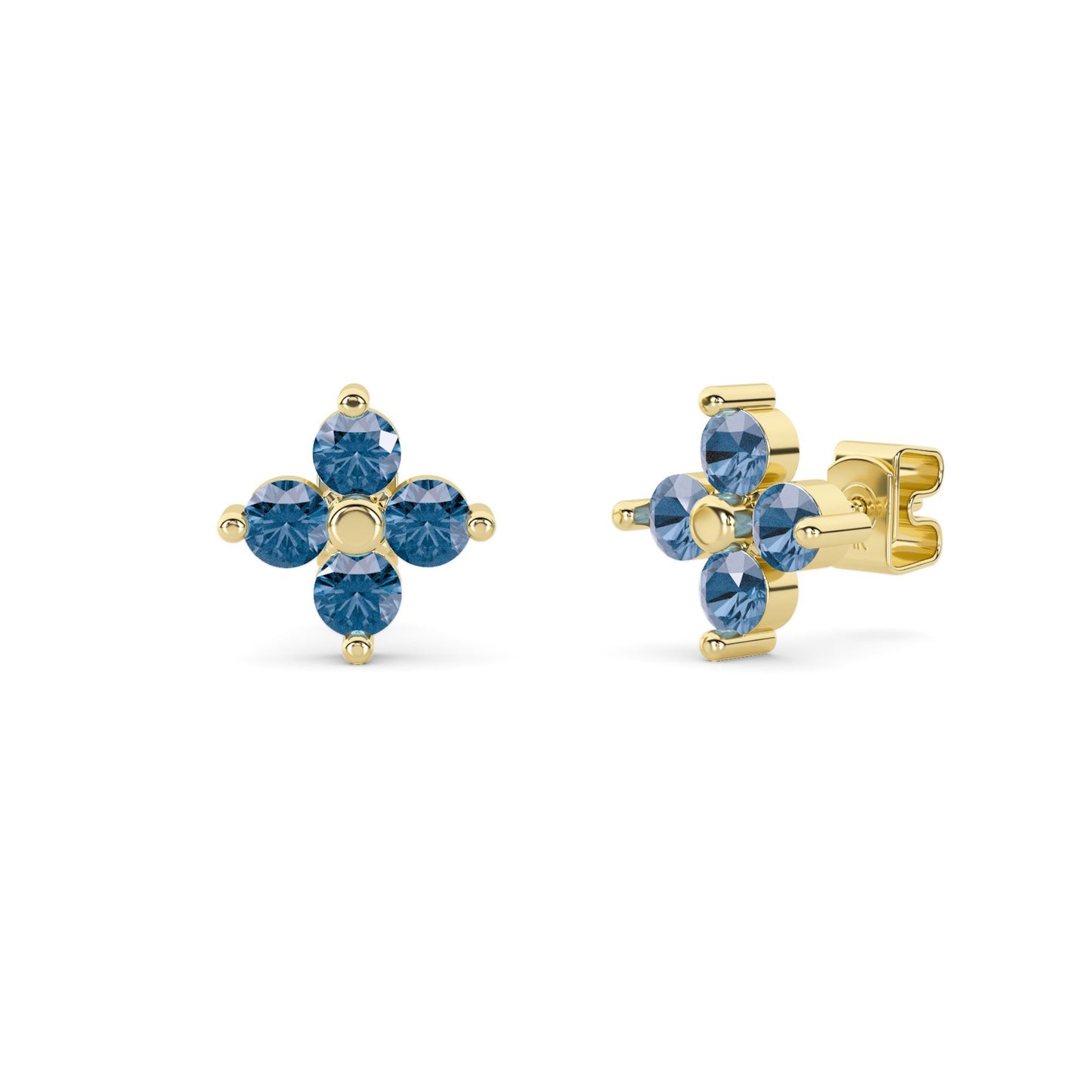 Lumeniri Celeste Collection Floral Cluster Blue LGD Stud Earrings with eight 3.70mm blue diamonds set in 14K yellow gold, showcased on a clean white background.
