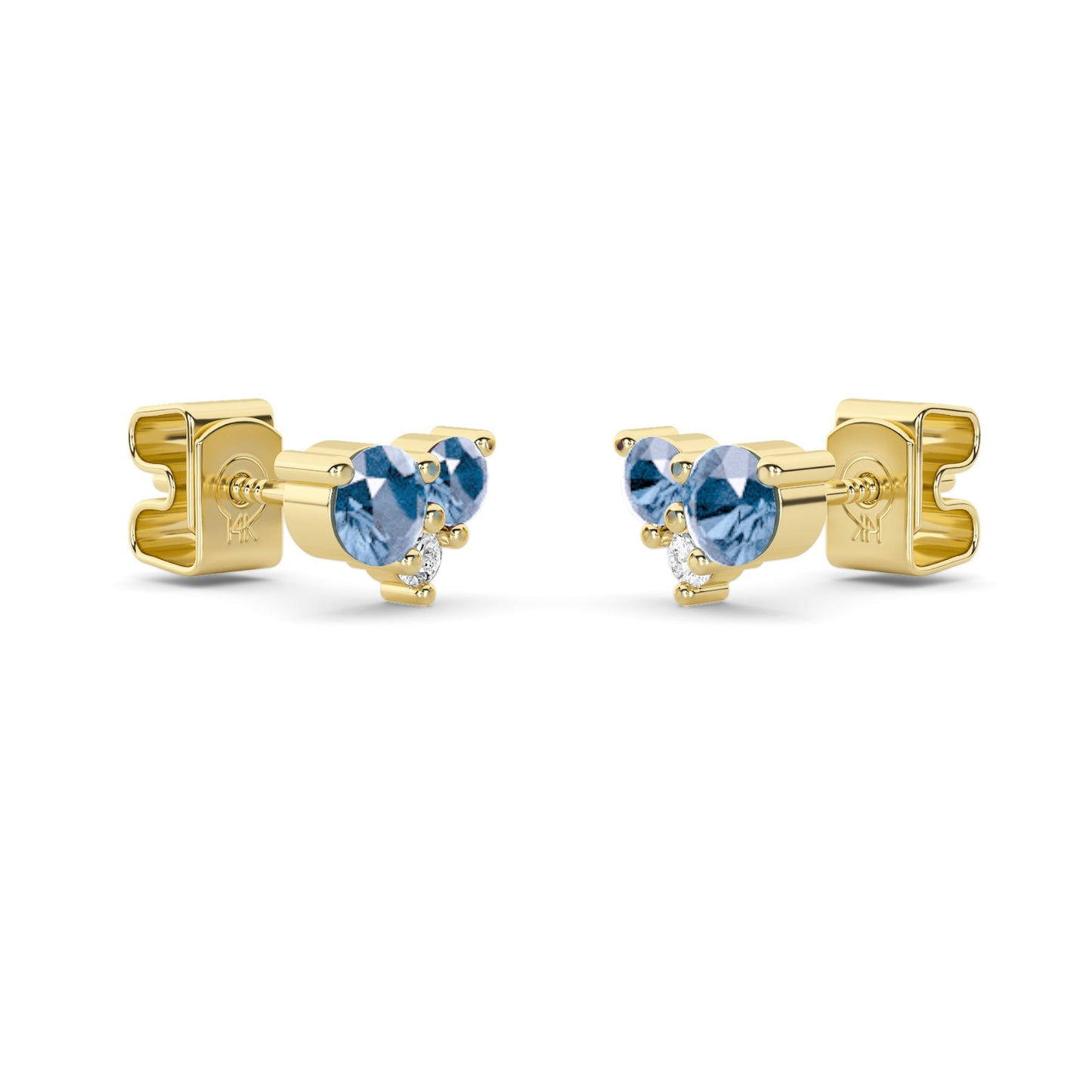 Lumeniri Celeste Collection Three Stone Cluster Stud Earrings, featuring a stunning combination of white and blue lab-grown diamonds in 14K yellow gold, displayed against a white background.