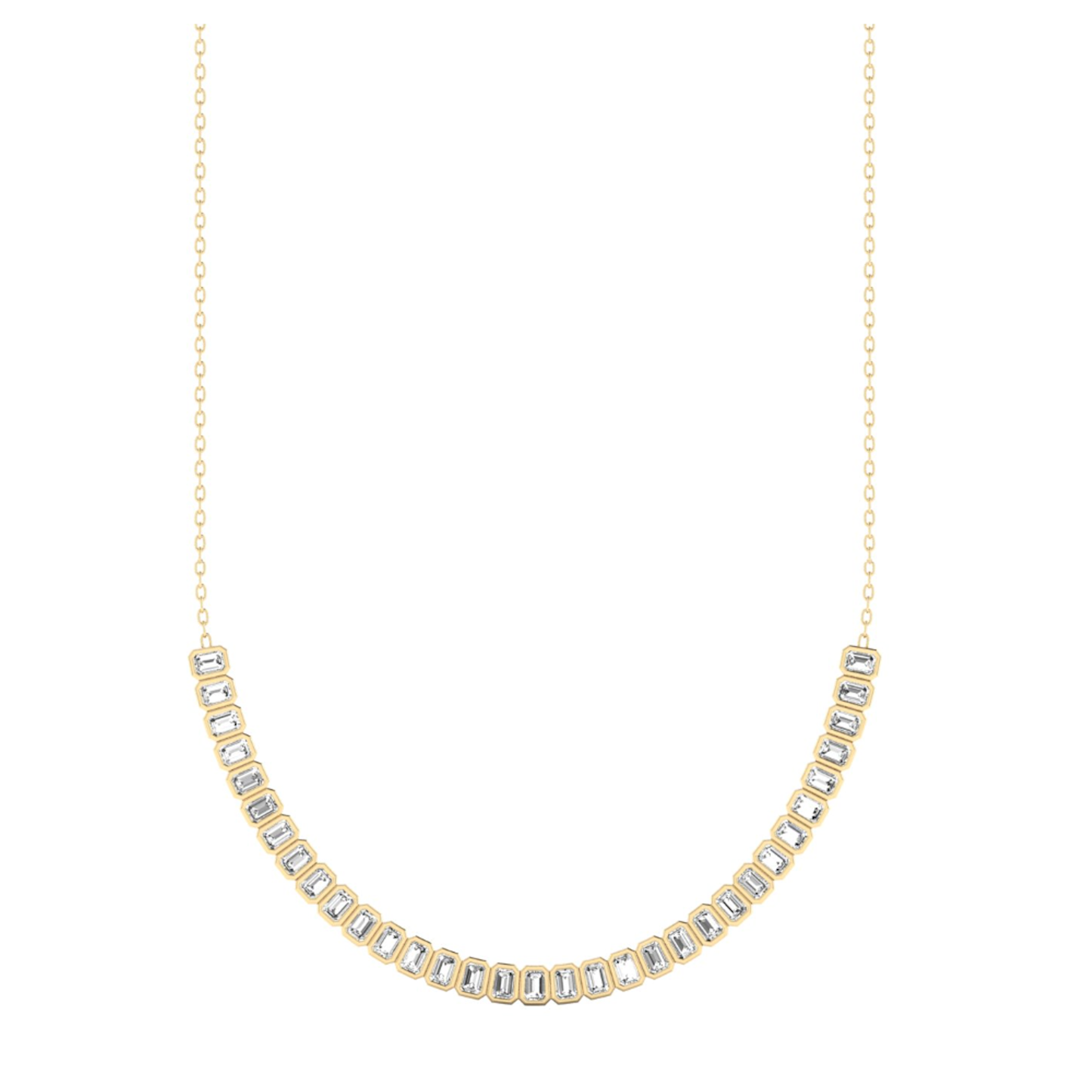 Lumeniri Celeste half tennis necklace with emerald cut lab grown diamonds, EF VS clarity, elegant 14K yellow gold structured design on clean white background.