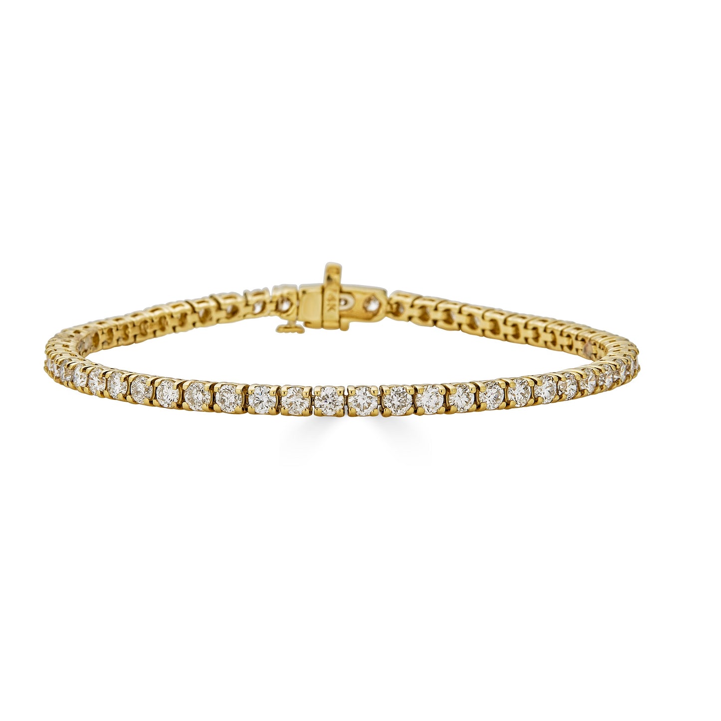 Lumeniri Claire 3 carat tennis bracelet with round brilliant lab grown diamonds, F-G color VS clarity, elegant 7 inch 14K yellow gold design on clean white background.