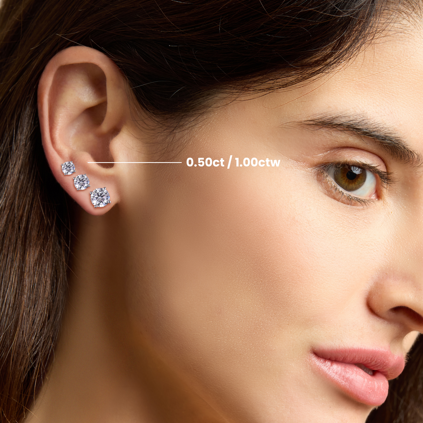 Lumeniri Classic Martini Studs 1.00ctw worn on the ear, showcasing the brilliance of lab-grown diamonds set in 14K white gold, perfect for an everyday elegant look.