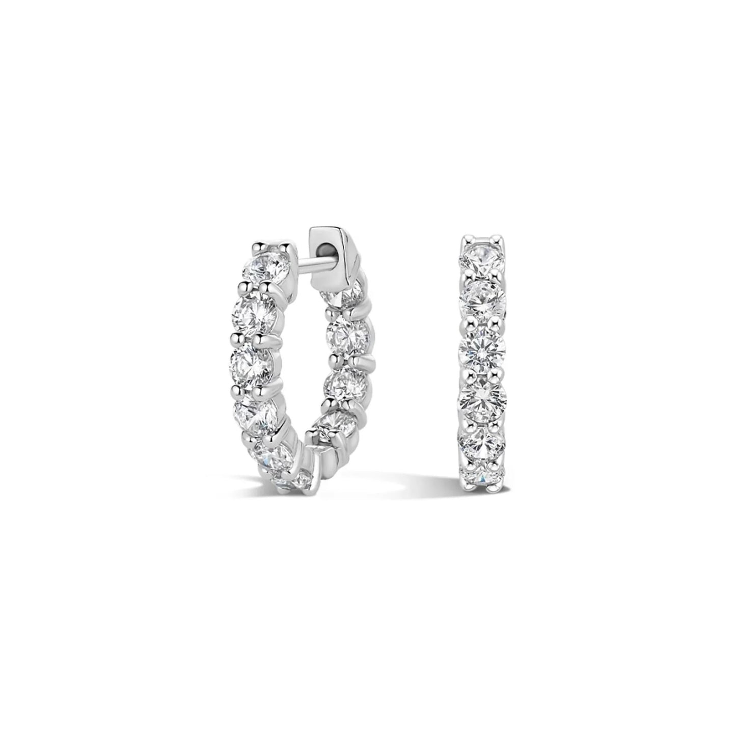 Lumeniri Diamonds Halina Round Cut Huggie Hoops Inside-Out with 1.50 ct of DEF, VS lab-grown diamonds set in 14K White Gold displayed on a white background.