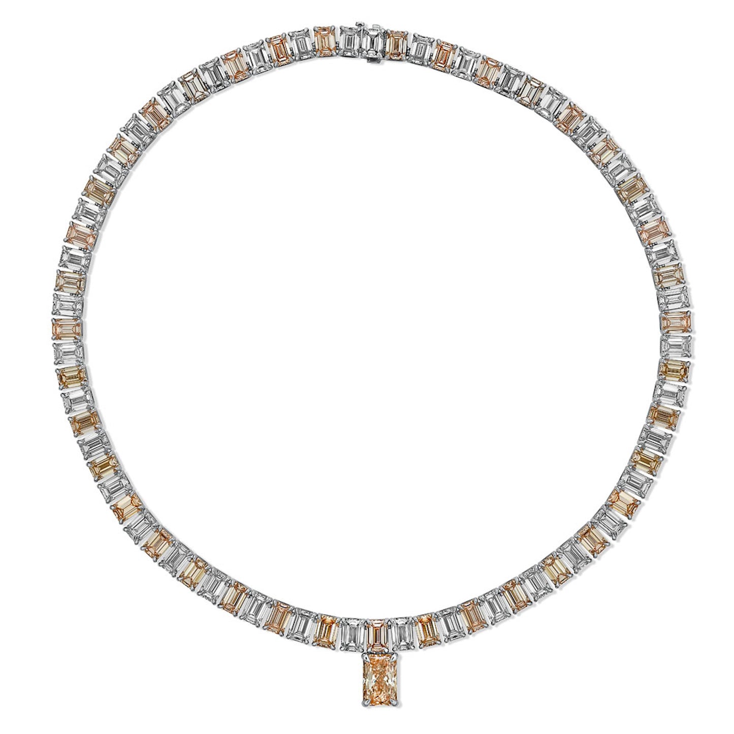 Lumeniri Emerald Cut Alternating Pink and White Tennis Necklace featuring alternating lab grown emerald cut pink and white diamonds in 14K yellow gold high jewelry design on clean white background.