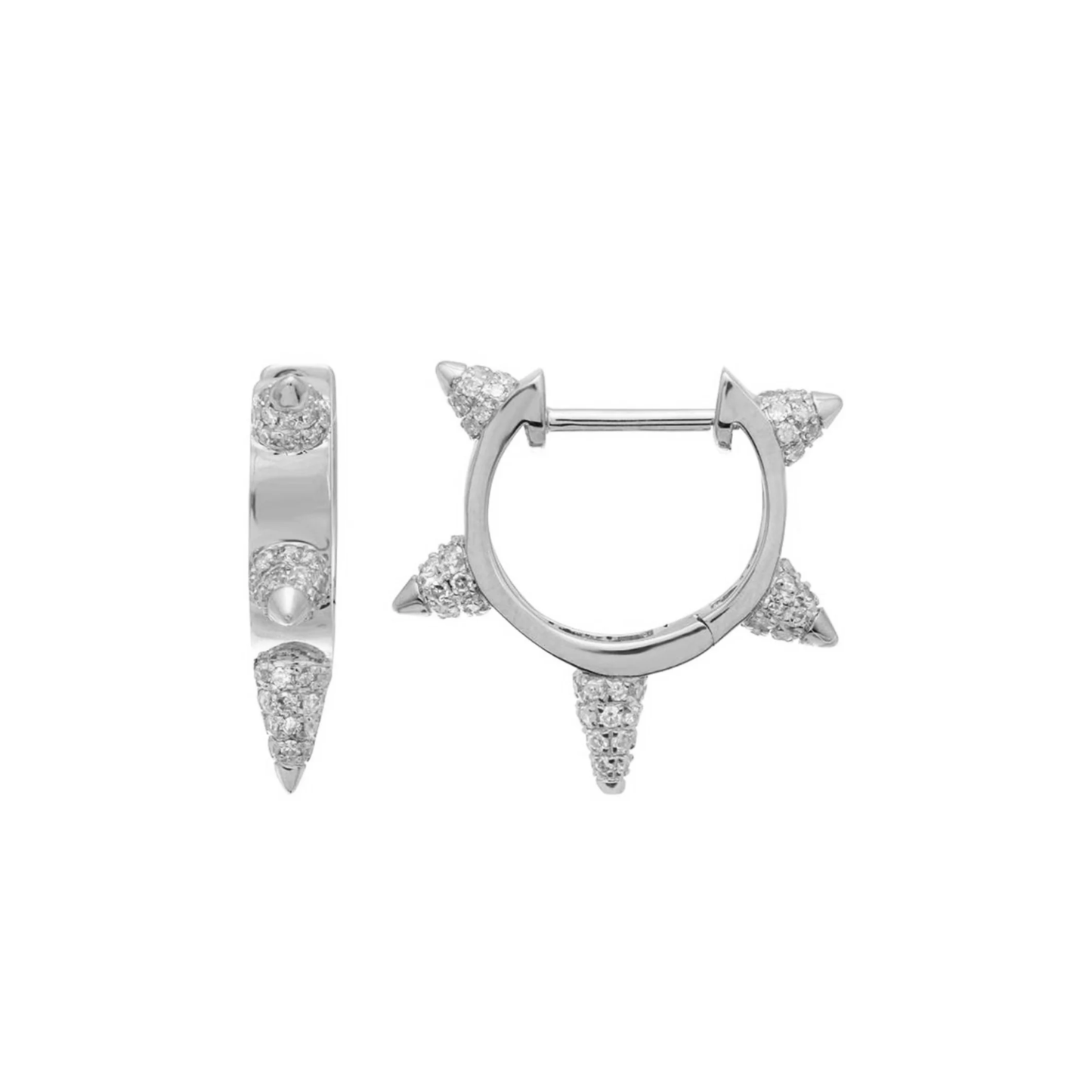 Lumeniri Espiga diamond huggies with EF VS lab grown diamonds set in refined 14K white gold sustainable luxury design on white background.