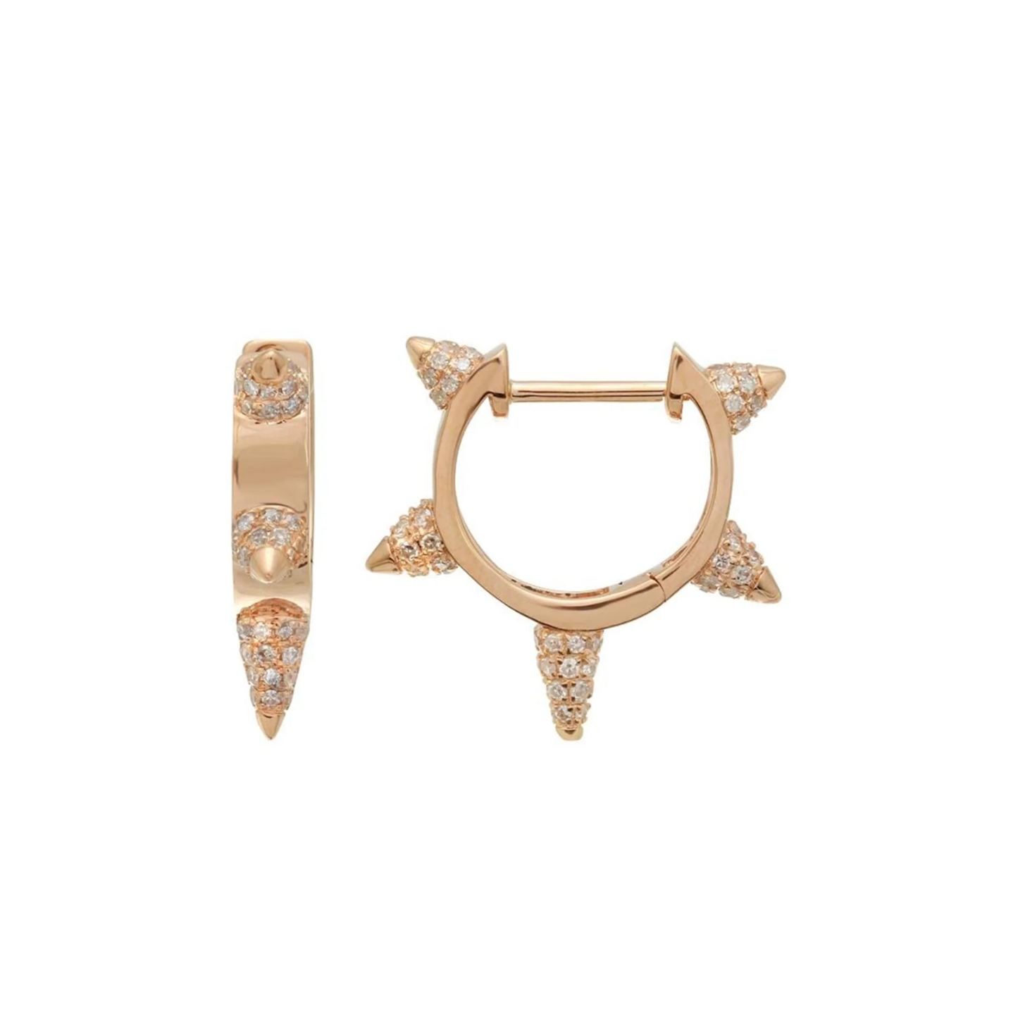 Lumeniri Espiga lab grown diamond huggie earrings in 14K rose gold showcasing nature inspired spike design on white background.