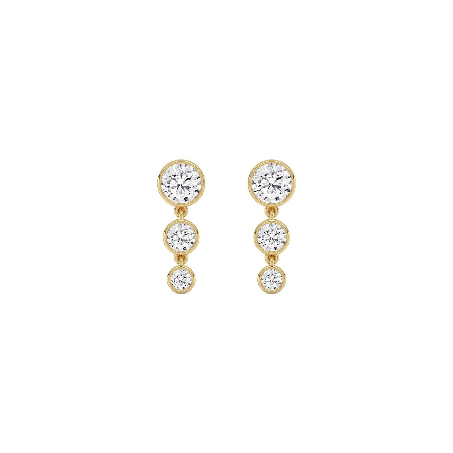 Lumeniri Eva round brilliant lab grown diamond dangle earrings in 14K yellow gold three stone bezel-set design