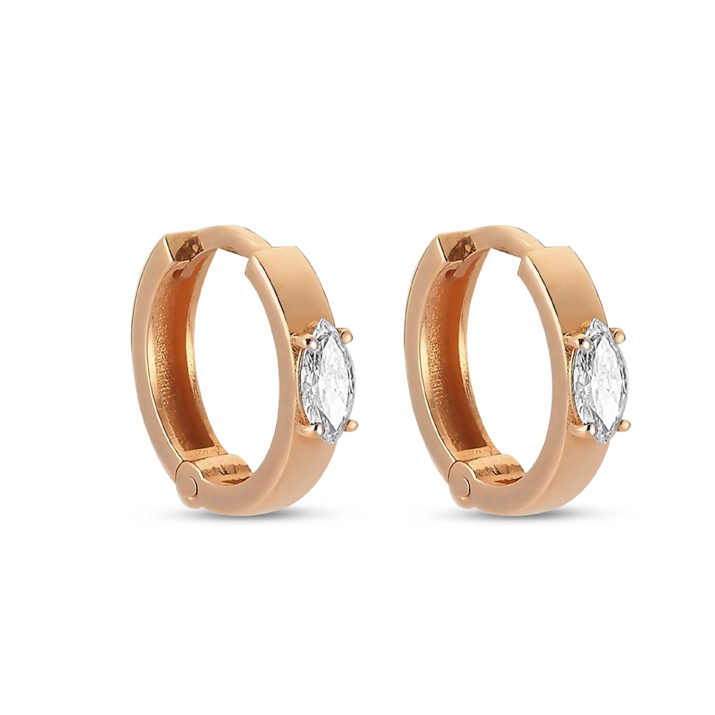 Lumeniri Fana diamond huggie earrings by Lumeniri featuring EF VS lab grown diamonds in elegant 14K rose gold handcrafted fine jewelry on white background.