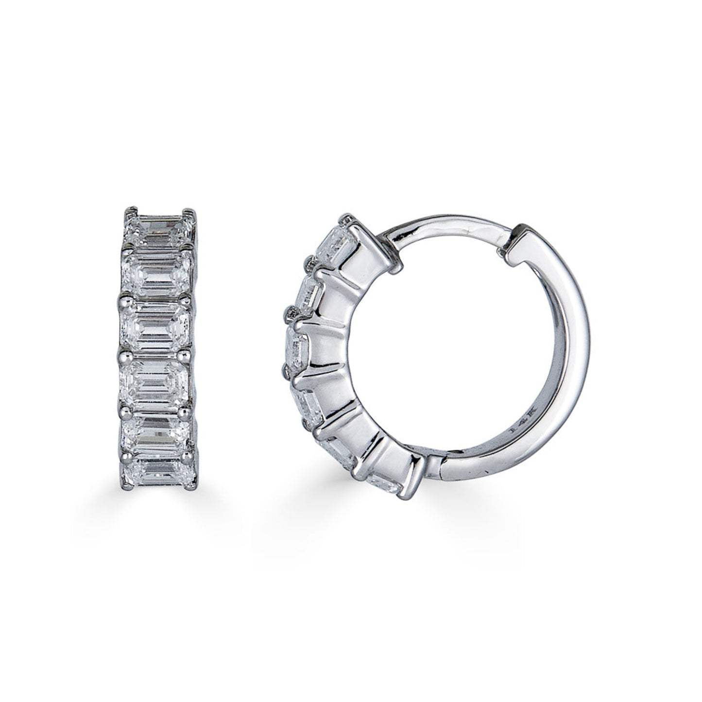 Lumeniri Halina baguette cut huggie hoop earrings featuring 0.6ct EF VS lab grown diamonds in 14K white gold minimalist luxury design on white background.