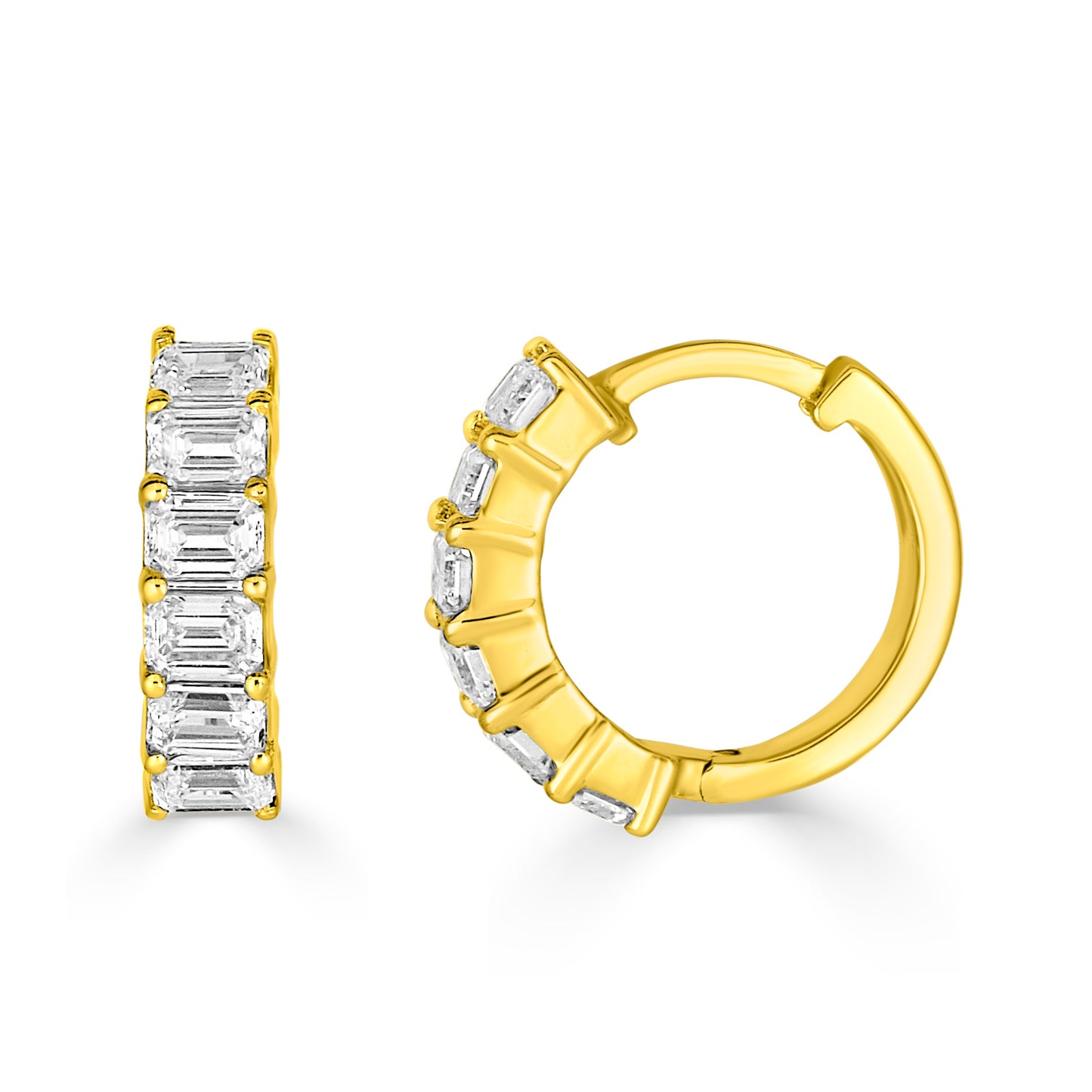 Lumeniri Halina diamond huggie hoops with emerald cut DEF VS lab grown diamonds set in secure 14K yellow gold modern luxury design on white background.