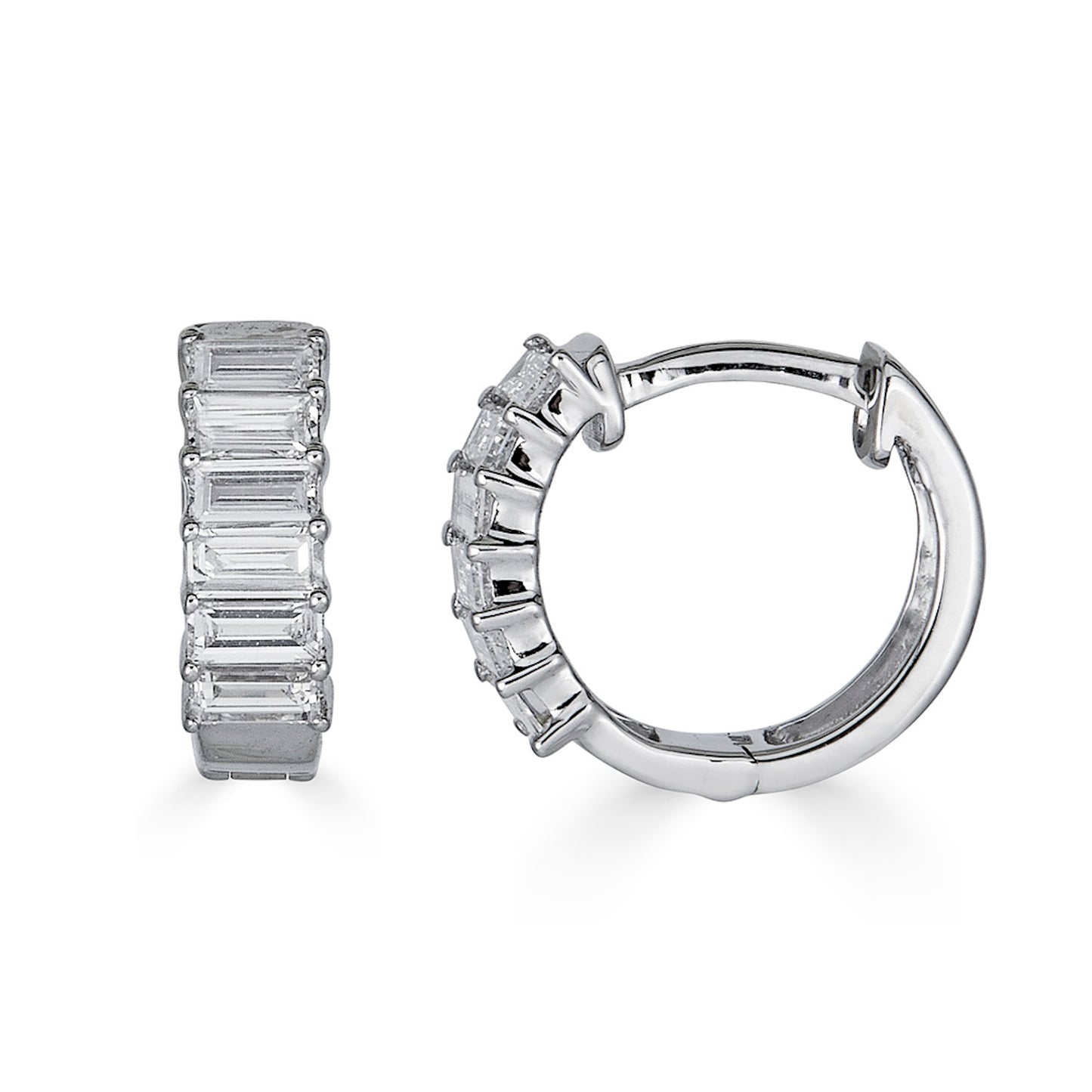 Lumeniri Halina emerald cut huggie hoop earrings featuring 1.00ct lab grown diamonds in 14K white gold on clean white background.